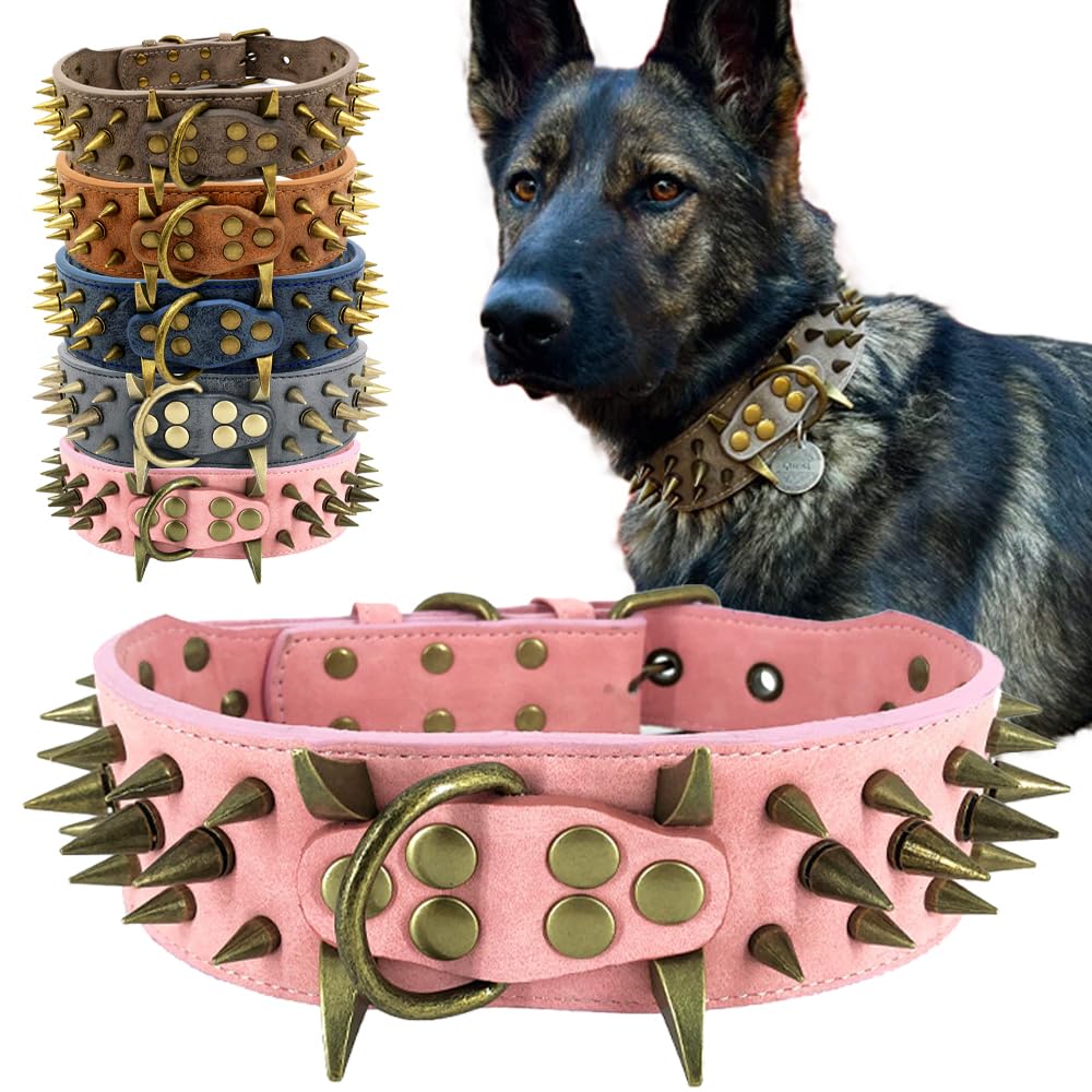 The Mighty Large Spiked Studded Dog Collar - Protect Your Dog'S Neck From Bites, Durable & Stylish, For Large Dogs (Pink L)