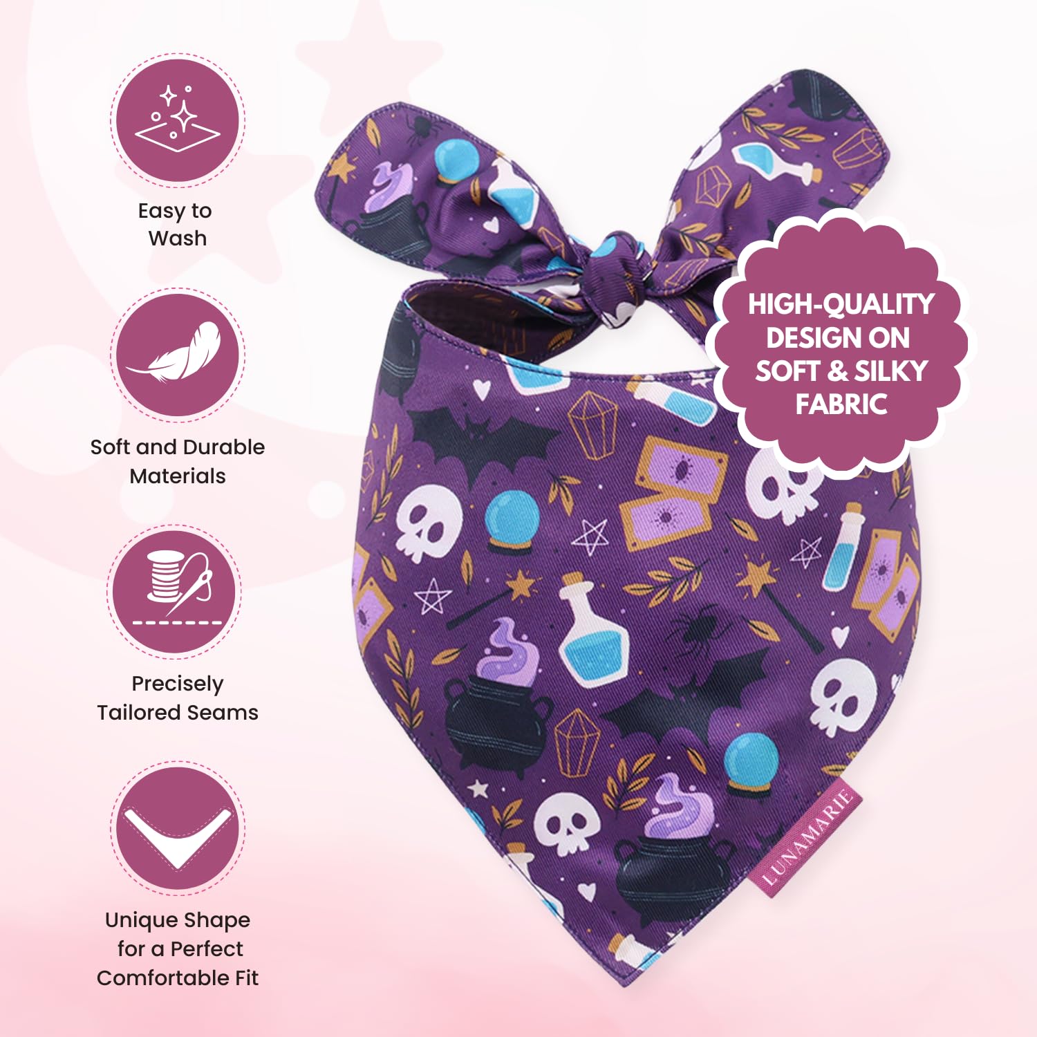 Lunamarie - Luxury Pet Birthday Bandanas -Premium & Silky Poly Fabric | 100% Handmade | Custom Shape Dual Layered (Bewitched, Sm