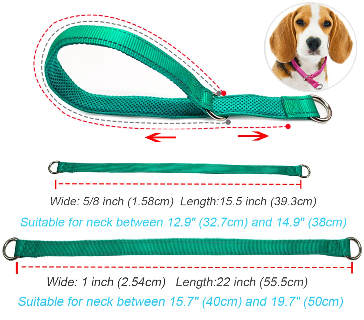 Mycicy Reflective Slip Collar, Soft Nylon Training Choke Collar For Dogs In Turquoise 22', Wide 1'