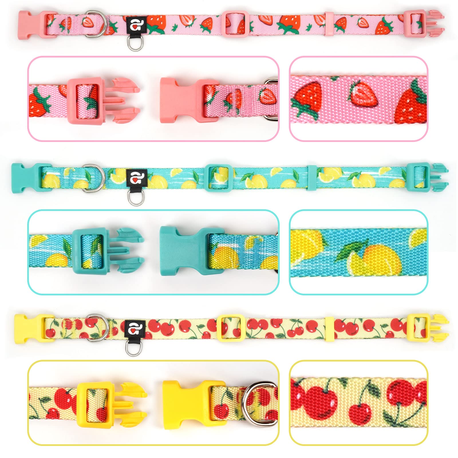 Azuza 3 Pack Fruit Design Dog Collars Comfortable And Adjustable Nylon Dog Collars For Small Dogs, S (11-16Inch),Strawberry,Lemo