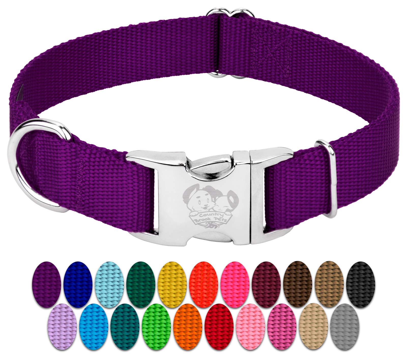 Country Brook Design - Vibrant 30+ Color Selection - Premium Nylon Dog Collar With Metal Buckle (Extra Large, 1 Inch, Purple)