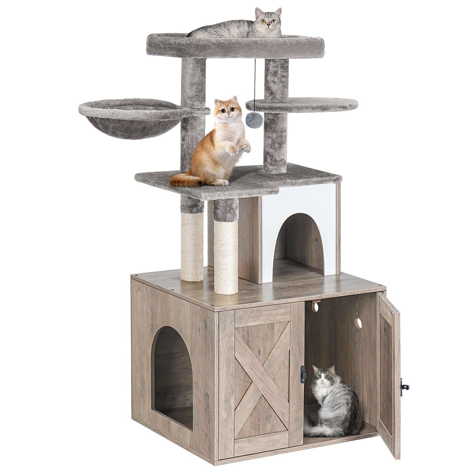 Snughome Cat Litter Box Enclosure with Tree Tower and Condo, Hidden Washroom Furniture with Sisal Scratching Post and Soft Plush