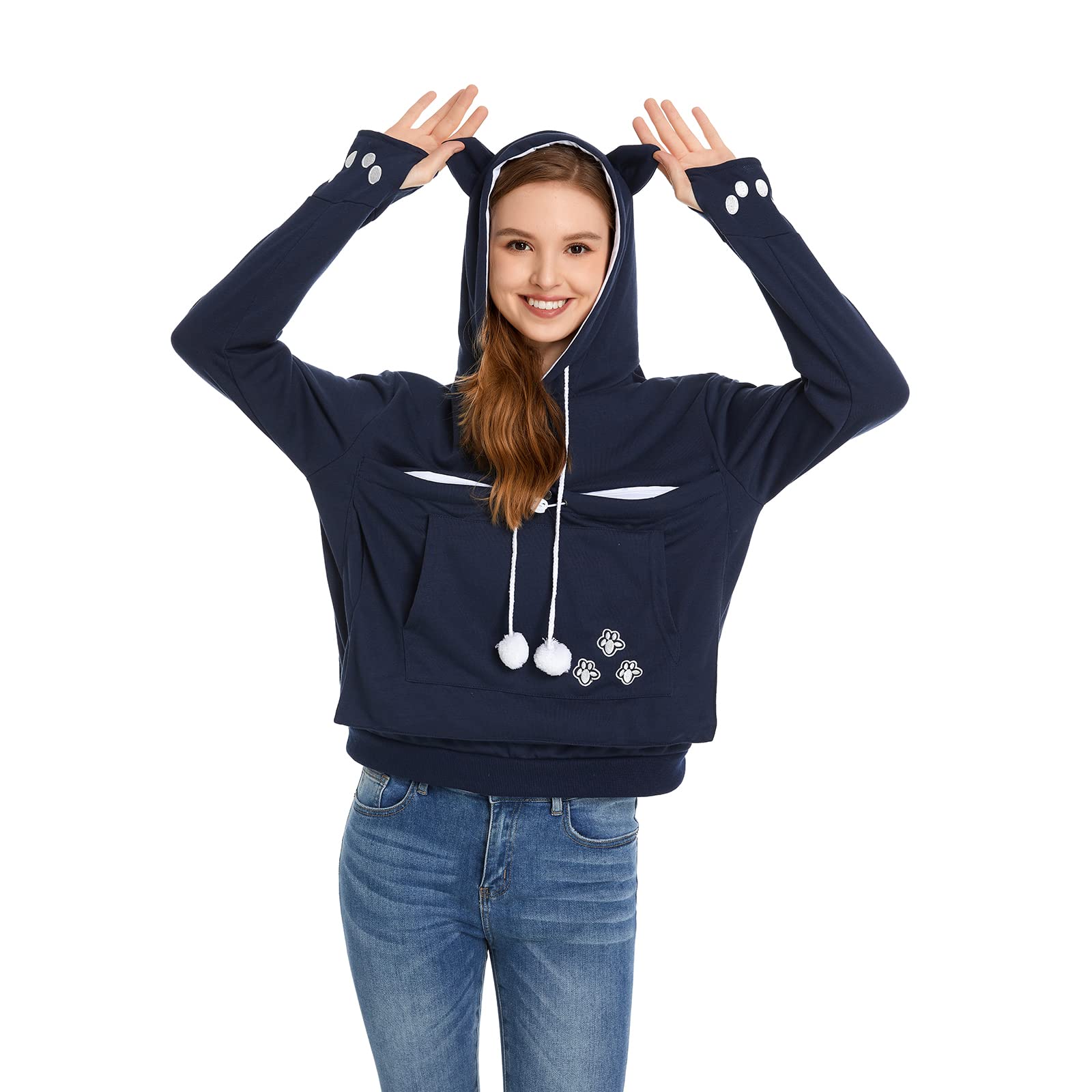 Unisex Big Pouch Hoodie Long Sleeve Pet Dog Holder Carrier Sweatshirt (Large, Navy Blue)