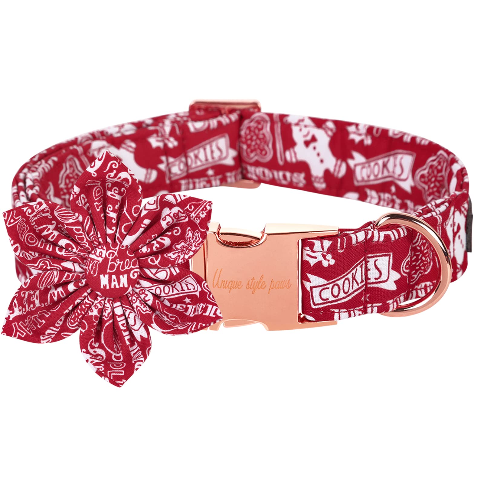 Unique Style Paws Christmas Dog Collar With Flower Tie Winter Gingerbread Snowman Theme Puppy Collar For Small Medium Large Dogs-L