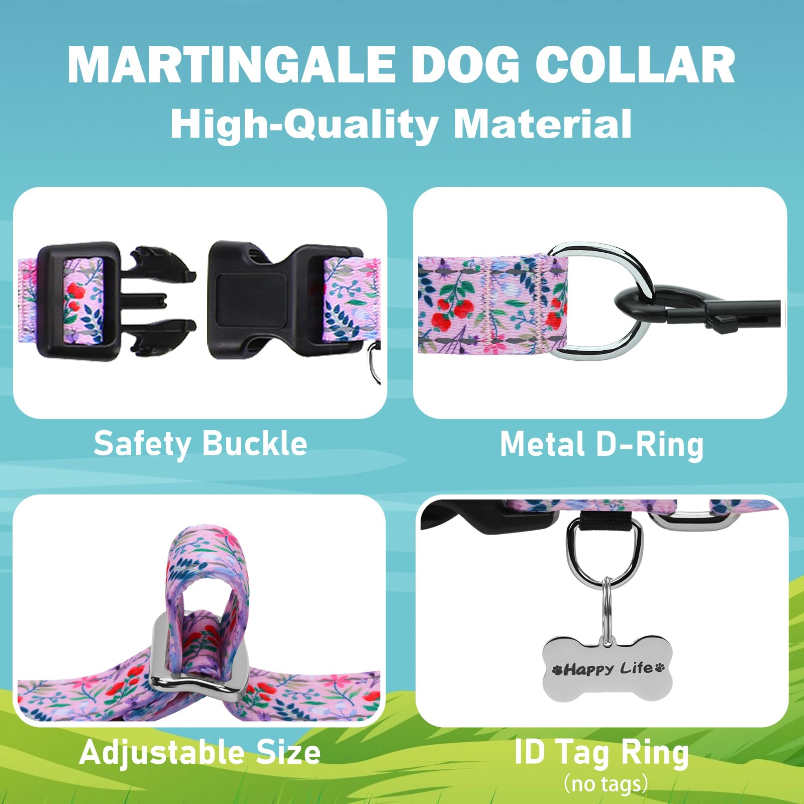 Fidohug Reflective Martingale Collar With Quick Release Buckle Anti Pulling Girl Female Dog Collars (Pink Flowers Plants, Large)