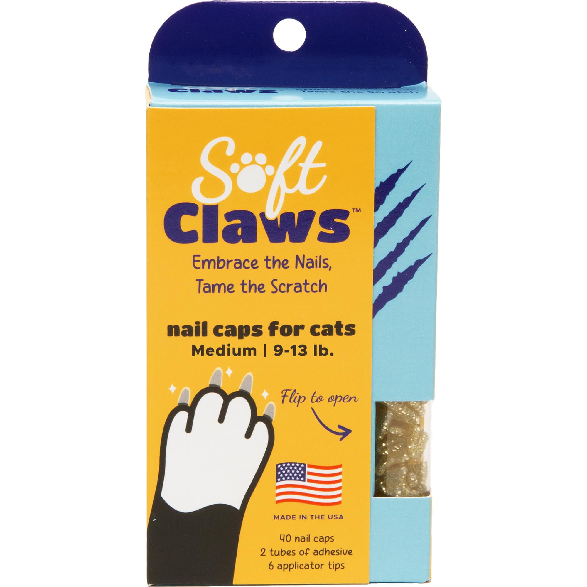 Soft Claws Nail Caps For Cats Made In Usa - 40 Cat Claw Caps For 4-6 Weeks Of Protection - Long-Lasting Cat Scratch Deterrent For Furniture - Gold Sparkle, Medium
