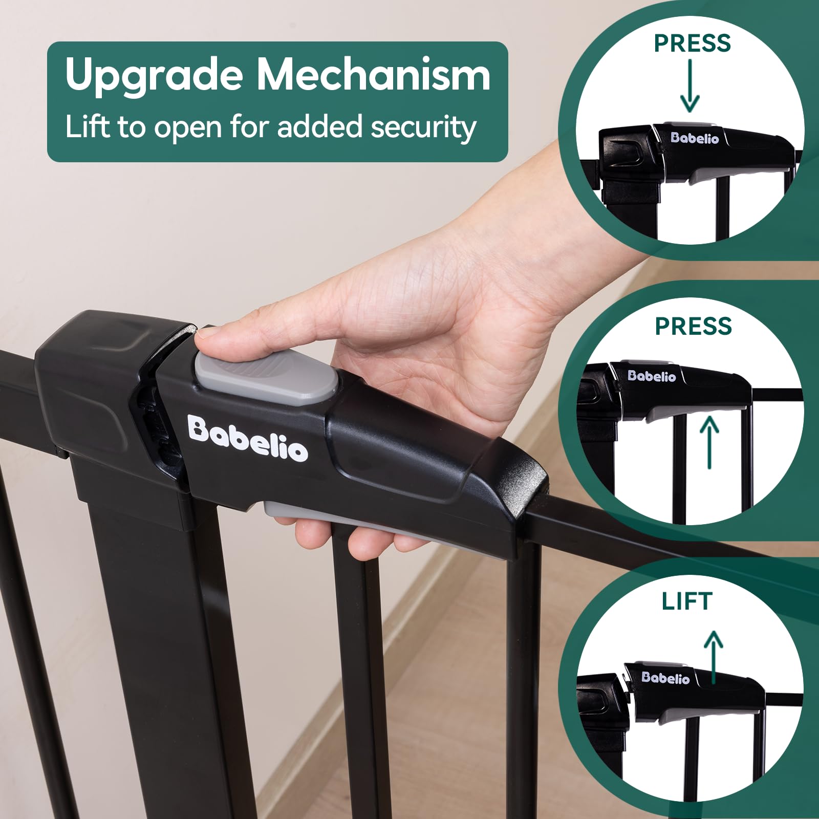 Babelio Metal Baby Gate, 29-43'' Auto Close Easy Install Pet Gate, Extra Wide Walk Thru Child Safety Gate, 30'' Tall Pressure Mounted Dog Gate For Doorways & Stairs, Black