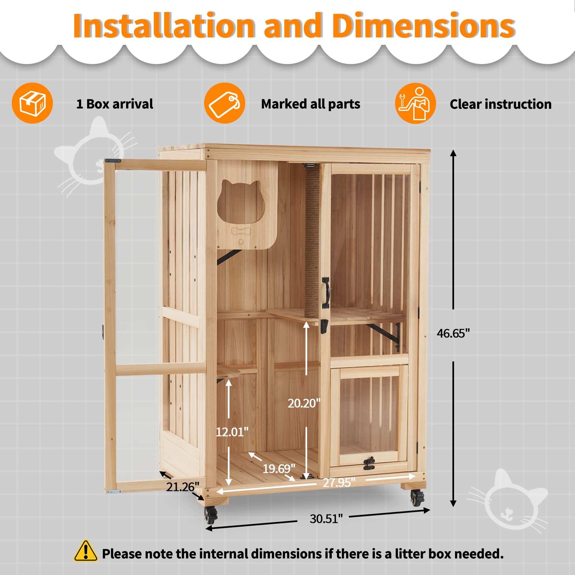 MCombo Luxury Cat House with Scratching Post, Wooden Multi Feature Large Cat Condo with Escape Door and Wheels, Kitten Cages wit
