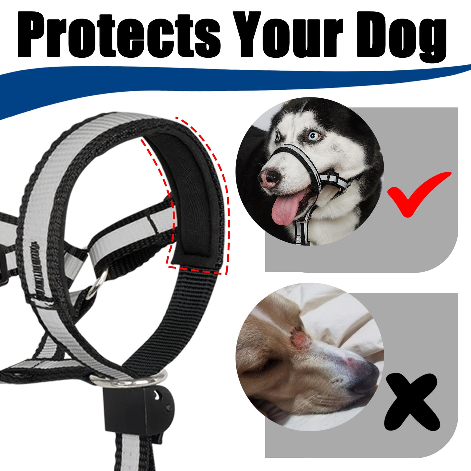 BARKLESS Reflective Head Collar, Adjustable No Pull Muzzle Leash for Dogs, Size M (Snout Cir: 8"-11"), Black, Model H0113BK