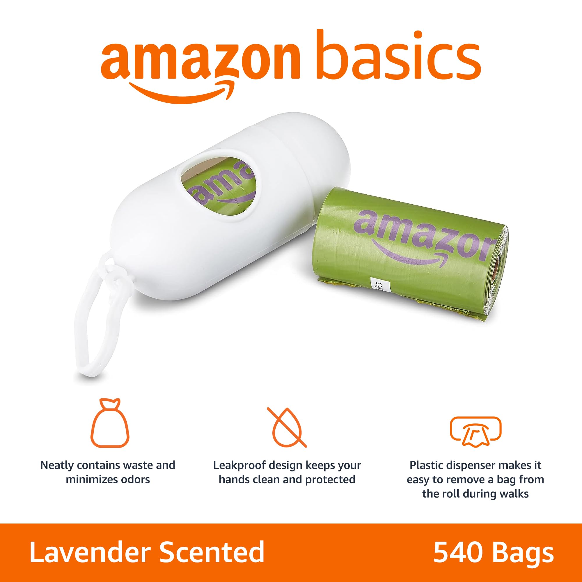 Amazon Basics Dog Poop Bags With Dispenser, 540 Count, Enhanced For Guaranteed Leakproof, Lavender Scented, Includes Leash Clip