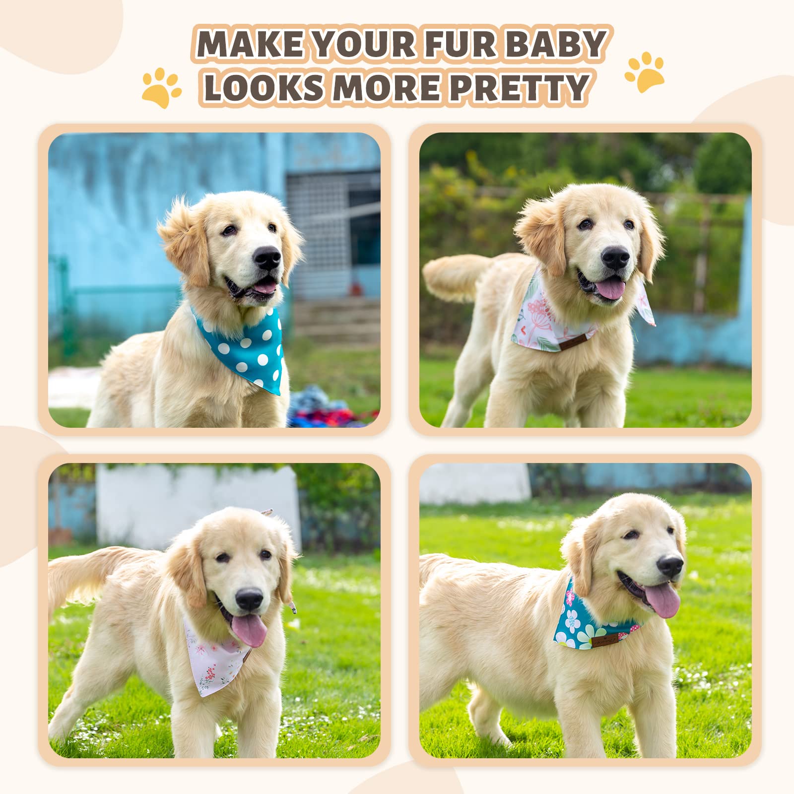 Charcy Dog Bandanas 4 Pack - Fall Bandanas For Boy & Girl, Adjustable Dog Scarf, Durable, Unique Design - Colorful Flower Large