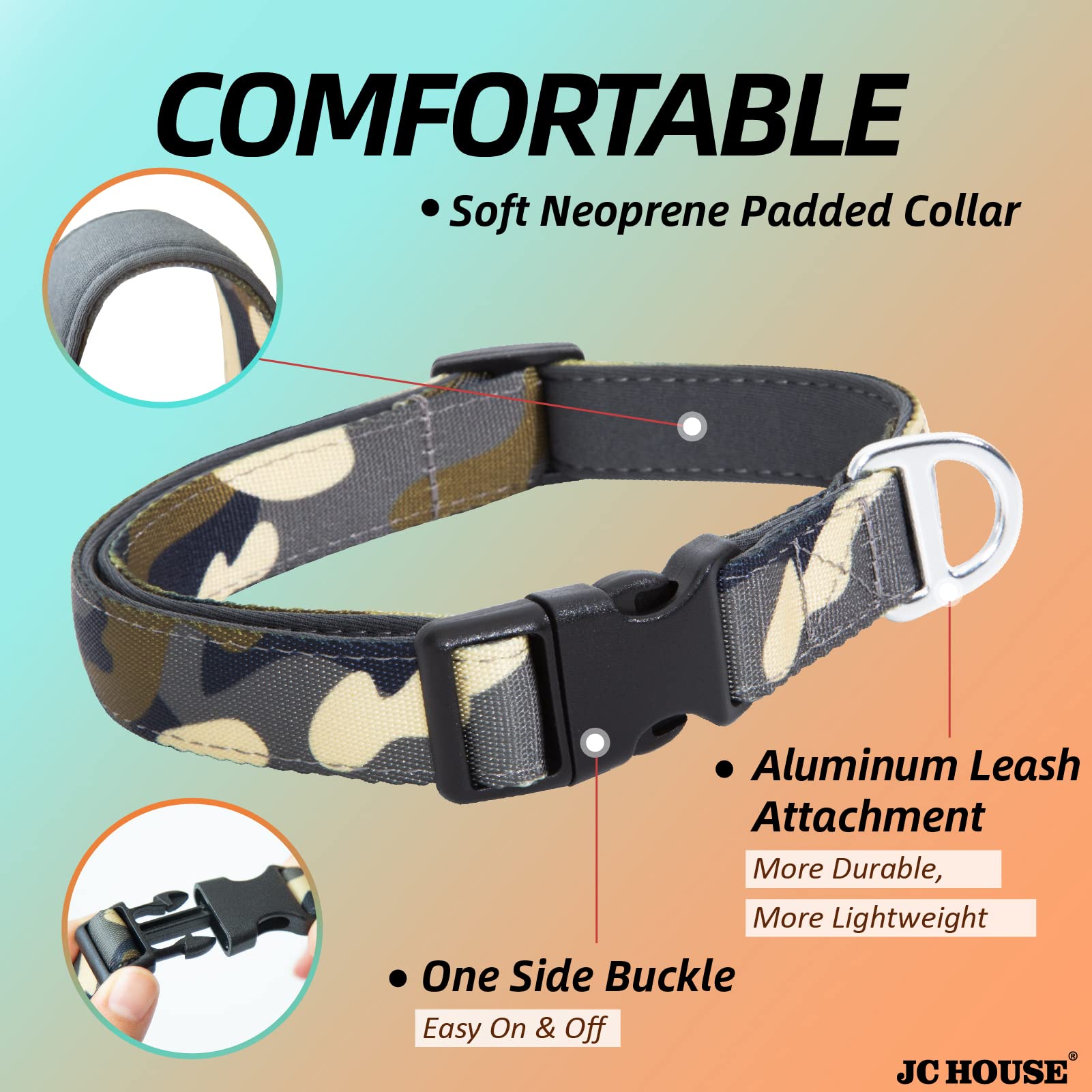 Jc House Soft Padded Dog Collar, Neck 9-14, Adjustable Heavy Duty Collar With 3M Reflective Logo For Small Dogs, Camo Green, S