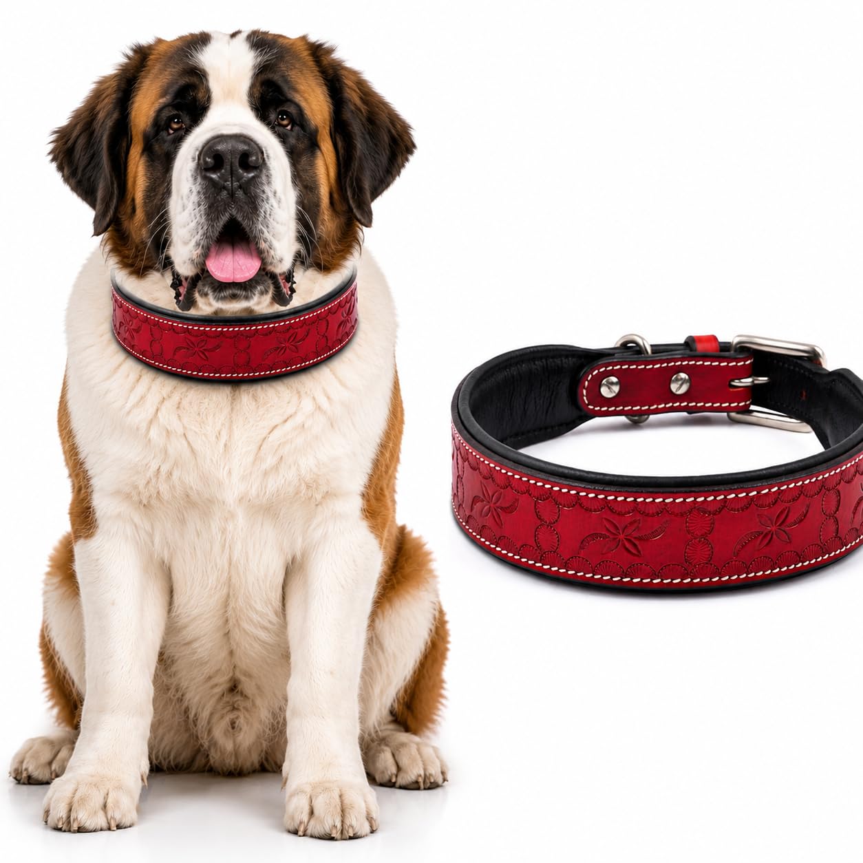 AdilS Red Tooling Dog Collar 1.5 Inch Width Suitable For Medium & Large Dogs, Leather Dog Collar With Strong Metal Buckle & DRi