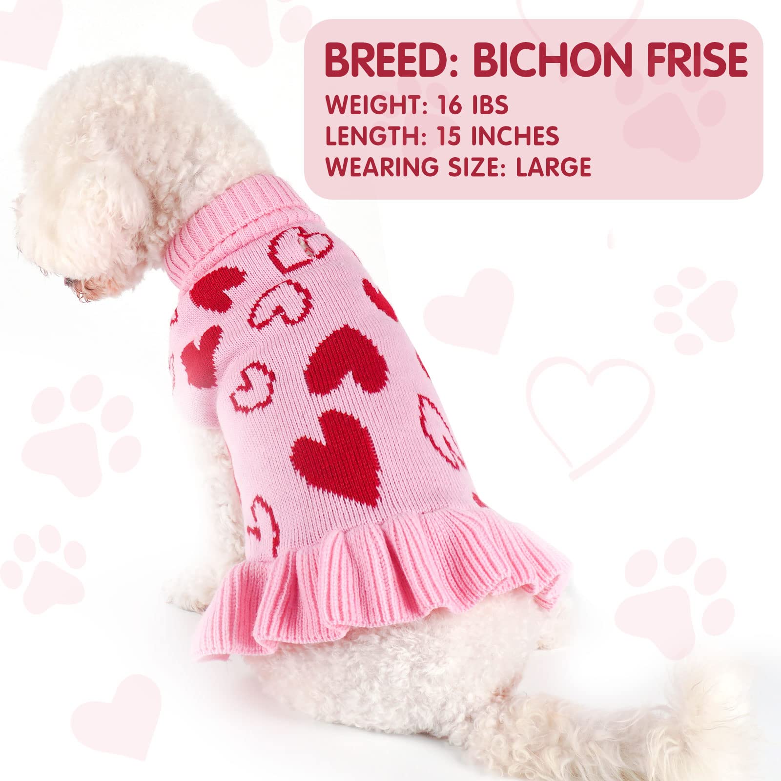 Cyeollo Dog Sweater Dress Dog Clothes Pullover Turtleneck With Leash Hole Heart Pattern Holiday Outfit Female Pet Apparel Valent