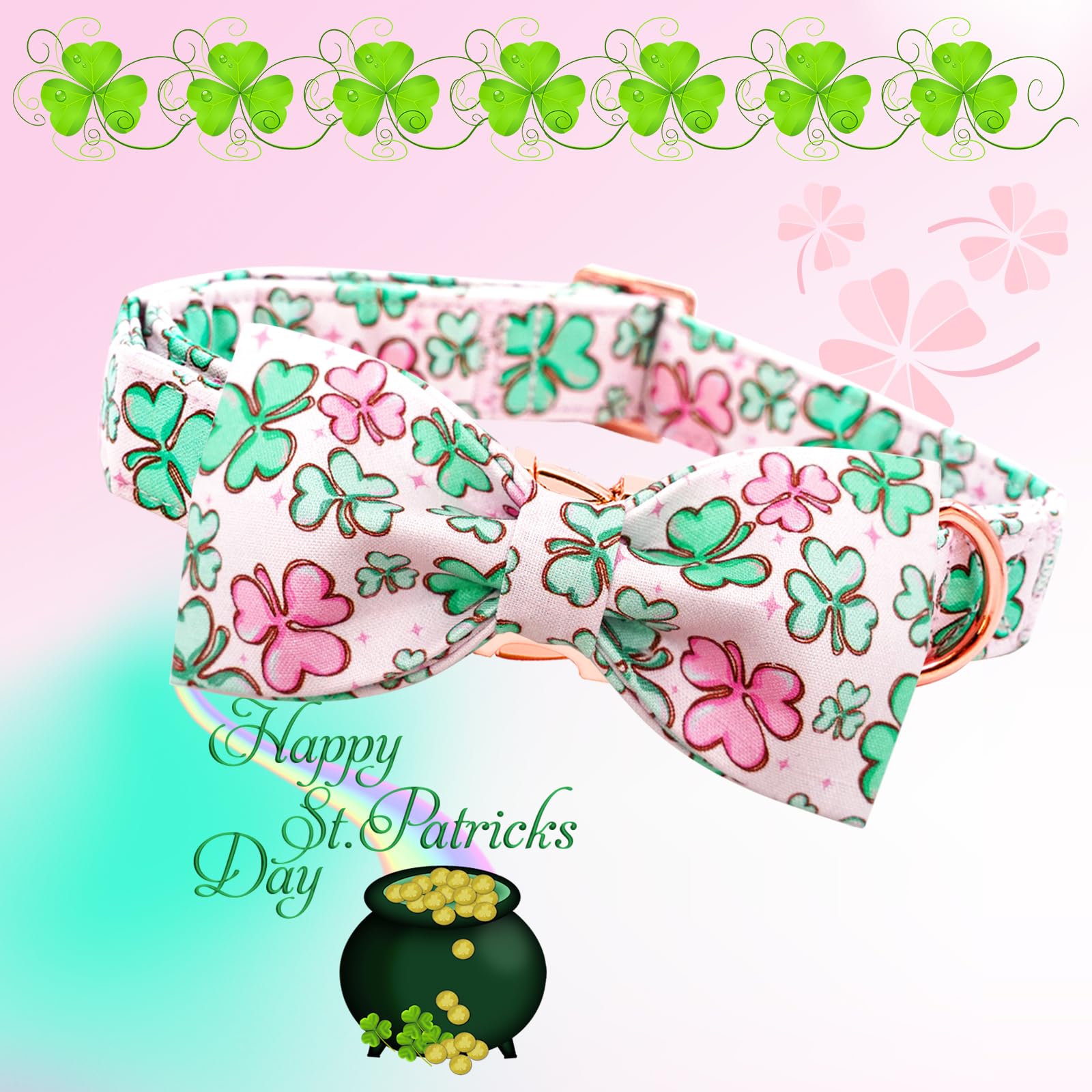Lionheart Glory Dog Bow Collar St. Patrick'S Day Dog Collar For Small Dogs, Adjustable Green Collars Lucky Clover Shamrock Dog C