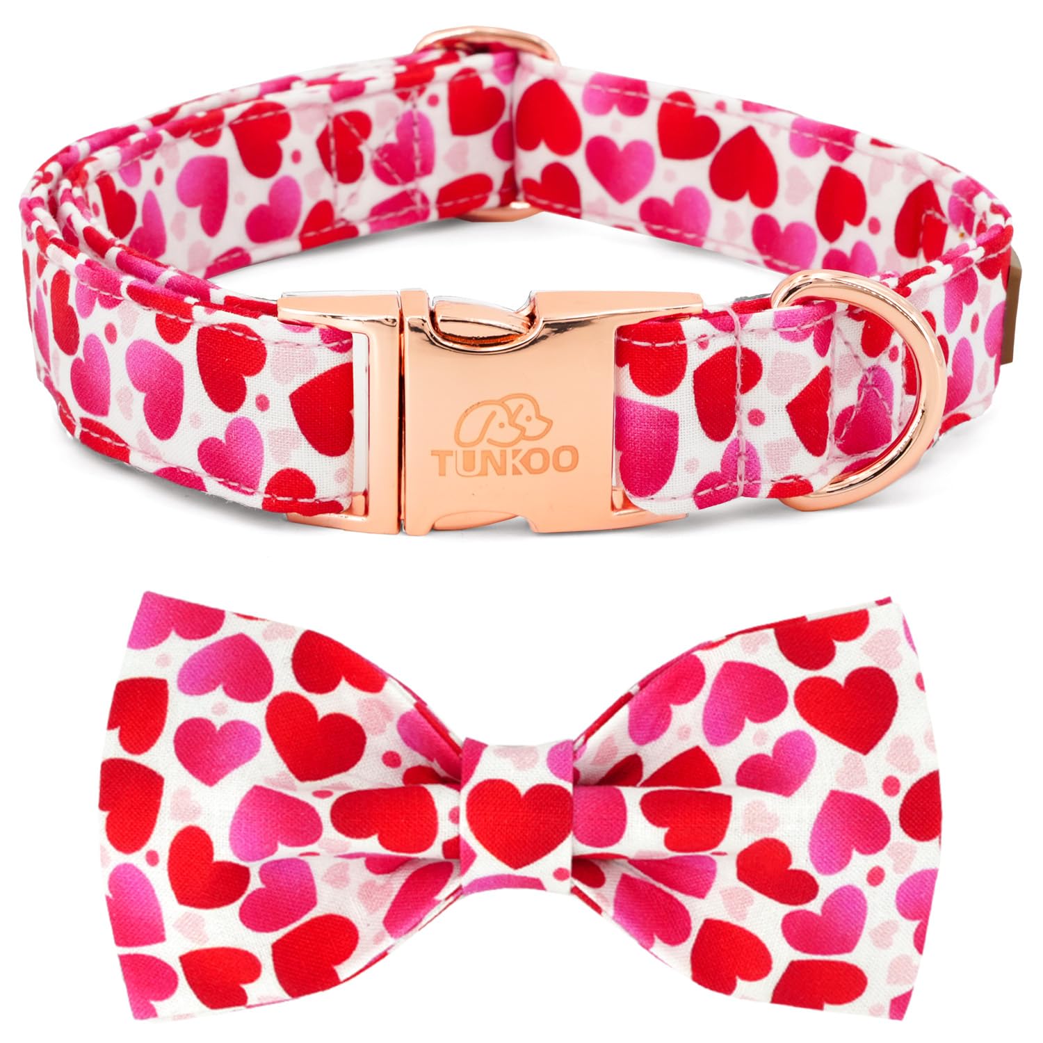 Tunkoo Valentine'S Day Dog Collar With Bow Tie - Adjustable And Adorable Pet Collar - Red Hearts With Rose Gold Buckle For Large