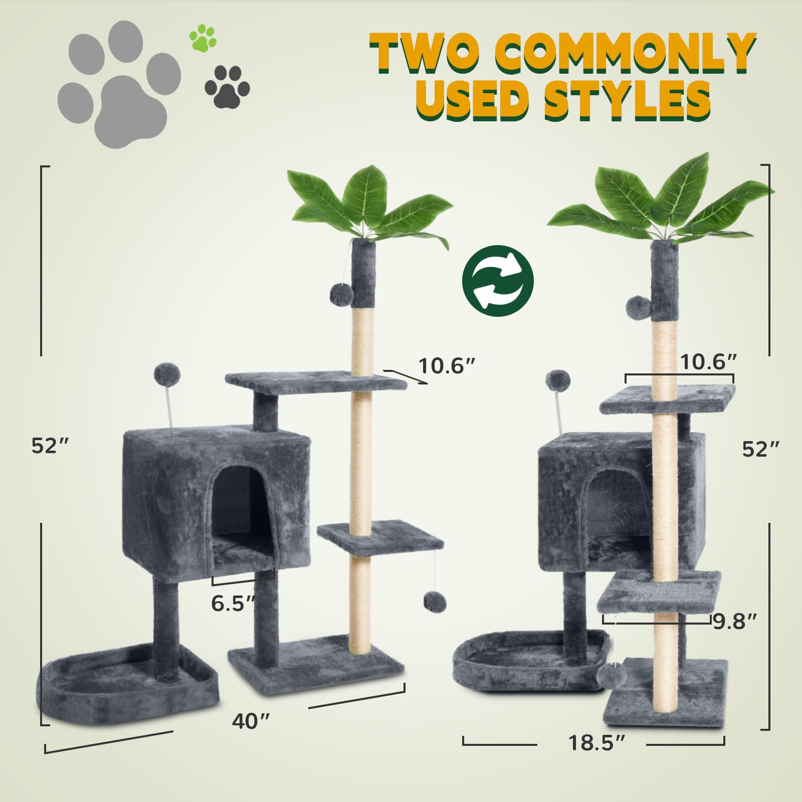 TSCOMON 52 Cat Tree Cat Tower for Indoor Cats with Green Leaves, Multi-Level Cozy Plush Cat Condo Cat House Scratching Posts for