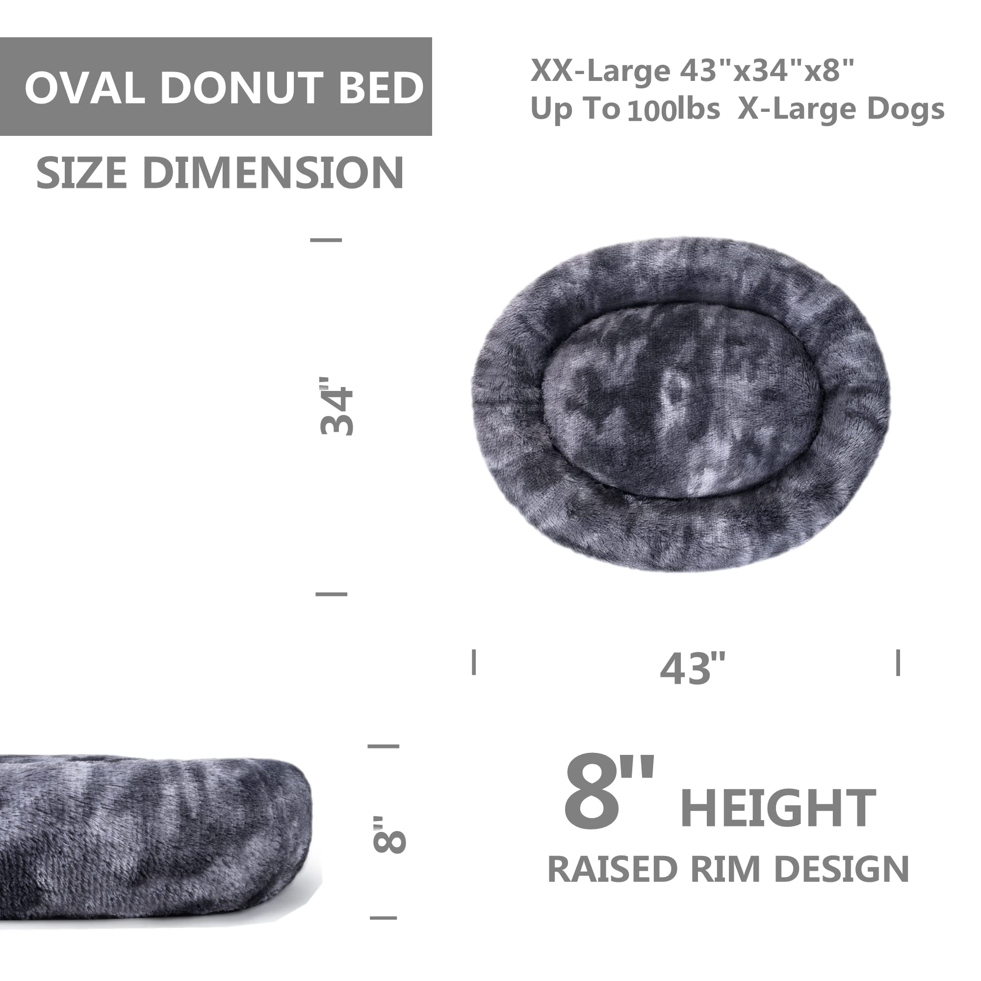 Coohom Oval Calming Donut Dog Bed, Washable Faux Fur, XXL 43"x34"x8", Grey2021