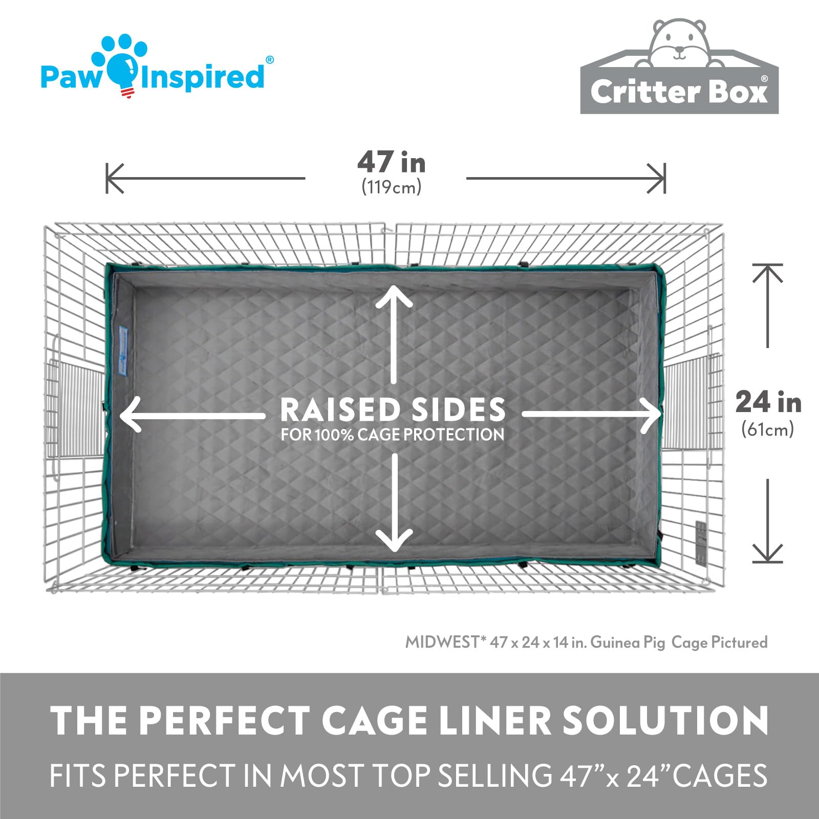 Paw Inspired Critter Box Washable Cage Liner With Raised Sides, Fleece Bedding With Waterproof Bottom, Edge Protected Pee Pads F