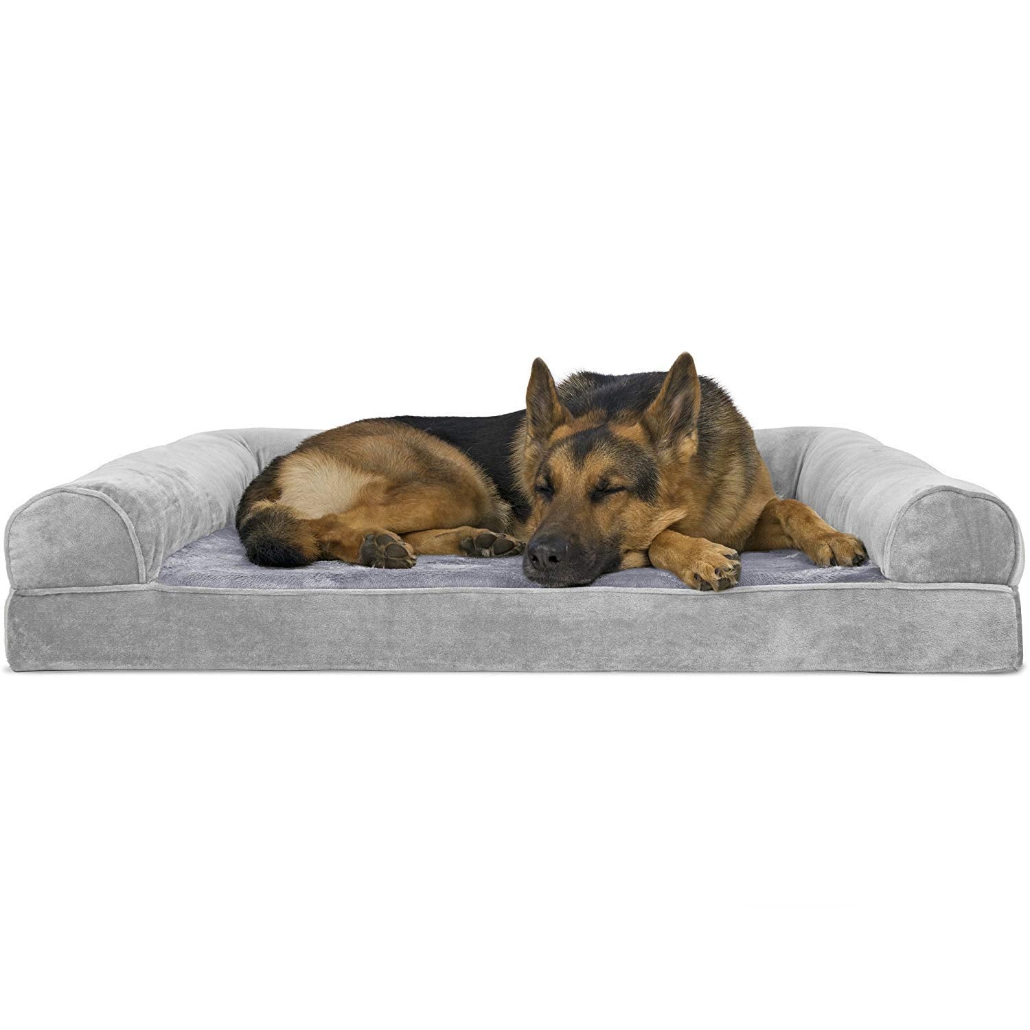 Furhaven Orthopedic Dog Bed For Large Dogs W/ Removable Bolsters & Washable Cover, For Dogs Up To 95 Lbs - Faux Fur & Velvet Sofa - Smoke Gray, Jumbo/Xl