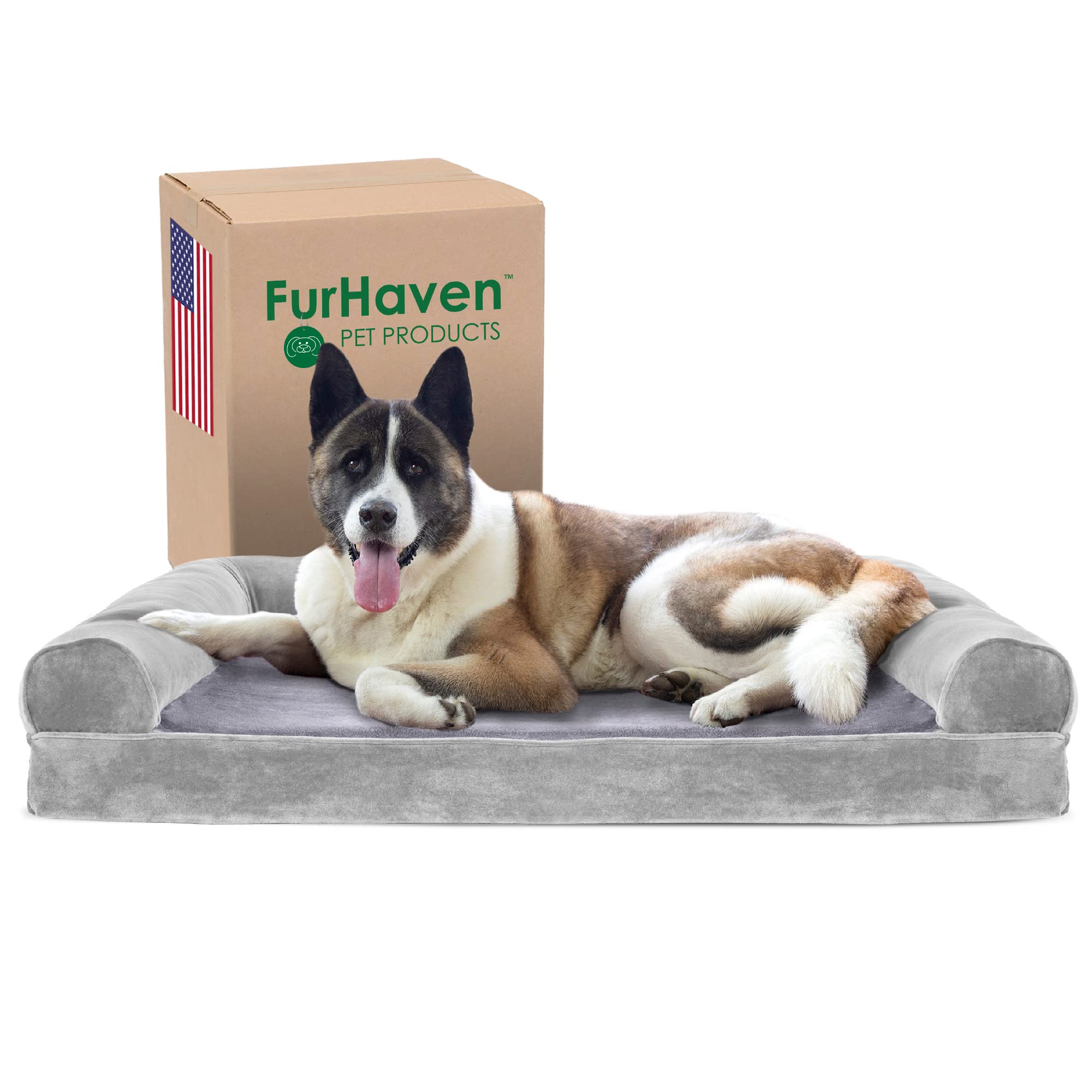 Furhaven Cooling Gel Dog Bed for Large Dogs w/ Removable Bolsters & Washable Cover, For Dogs Up to 95 lbs - Faux Fur & Velvet So