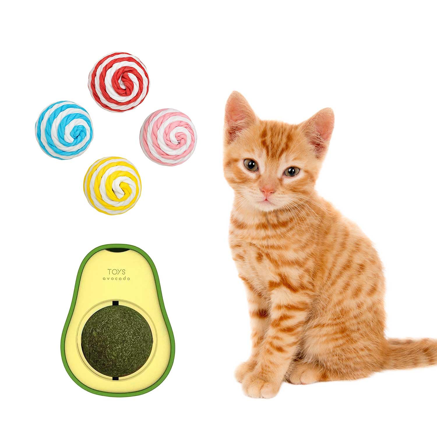 Pawbabas 5In1 Cat Toy Combo Pack | Avocado Catnip Toy + 4 Knitted Soft Balls | Fun Chase, Chew & Play Set For Kittens & Adult 