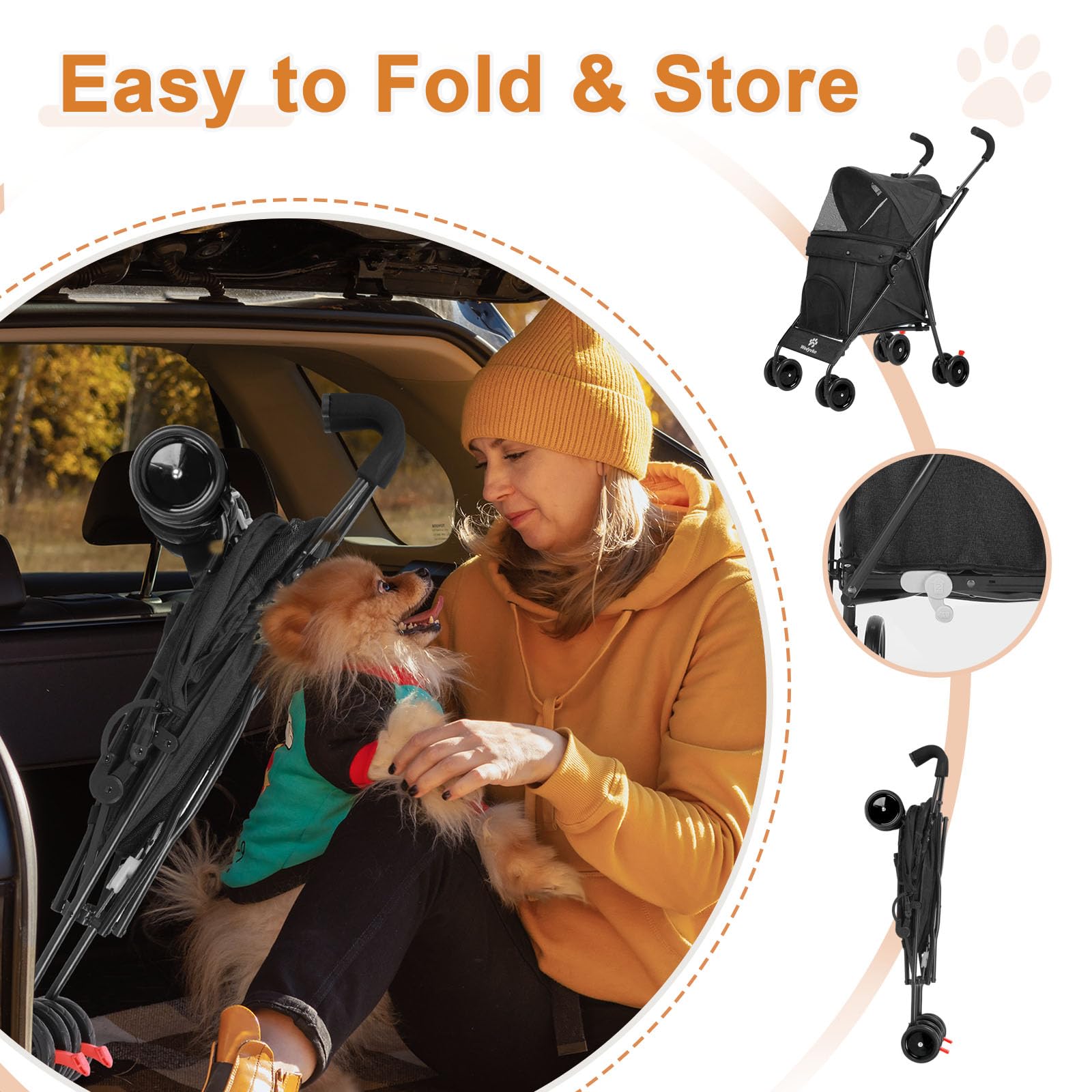 Wedyvko Travel Portable Dog Stroller, Pet Stroller for Small Puppy Dogs & Cats, Up to 33 lbs, Black