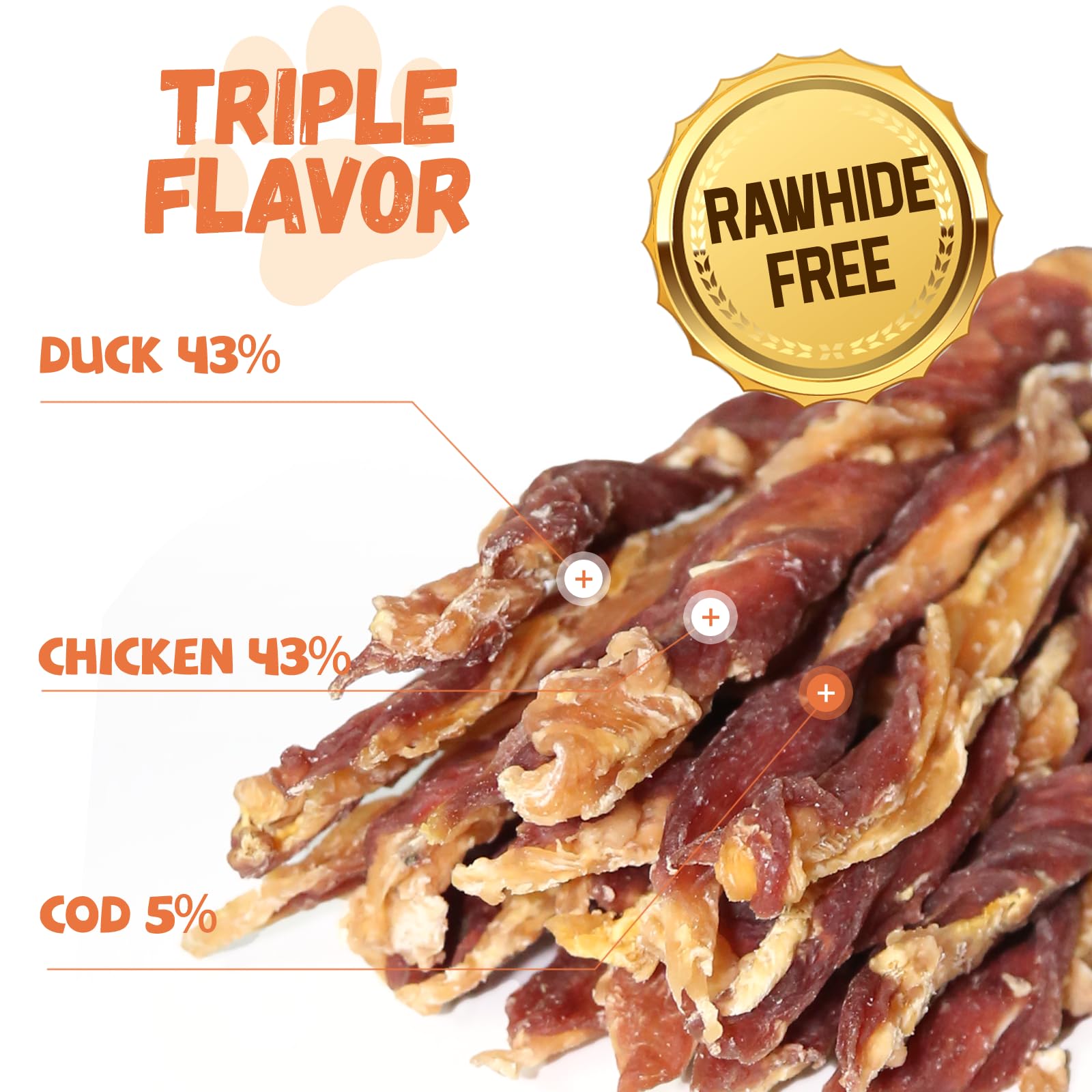 Pawmate Dog Jerky Treats - Triple Flavor Chicken, Duck & Cod - 5'' Rawhide Free Chews for Small to Large Dogs, 10.6 oz