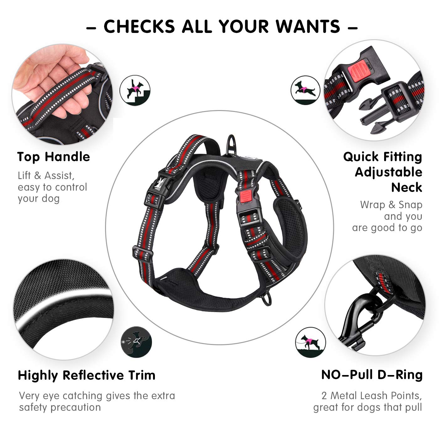 Poypet No Pull Dog Harness, [Release At Neck] Reflective Adjustable No Choke Pet Vest With Front & Back 2 Leash Attachments(Blac