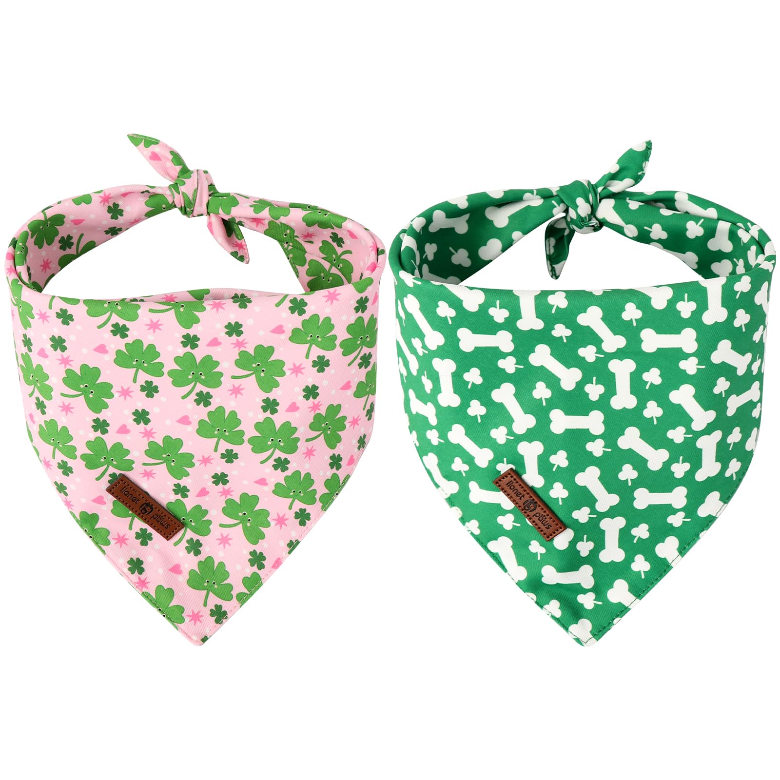 Lionet Paws St. Patrick 2Pcs Dog Bandanas, Green Clover Dog Scarf Bib Premium Fabric, Happy St. Patrick Pink Bandanas For Medium