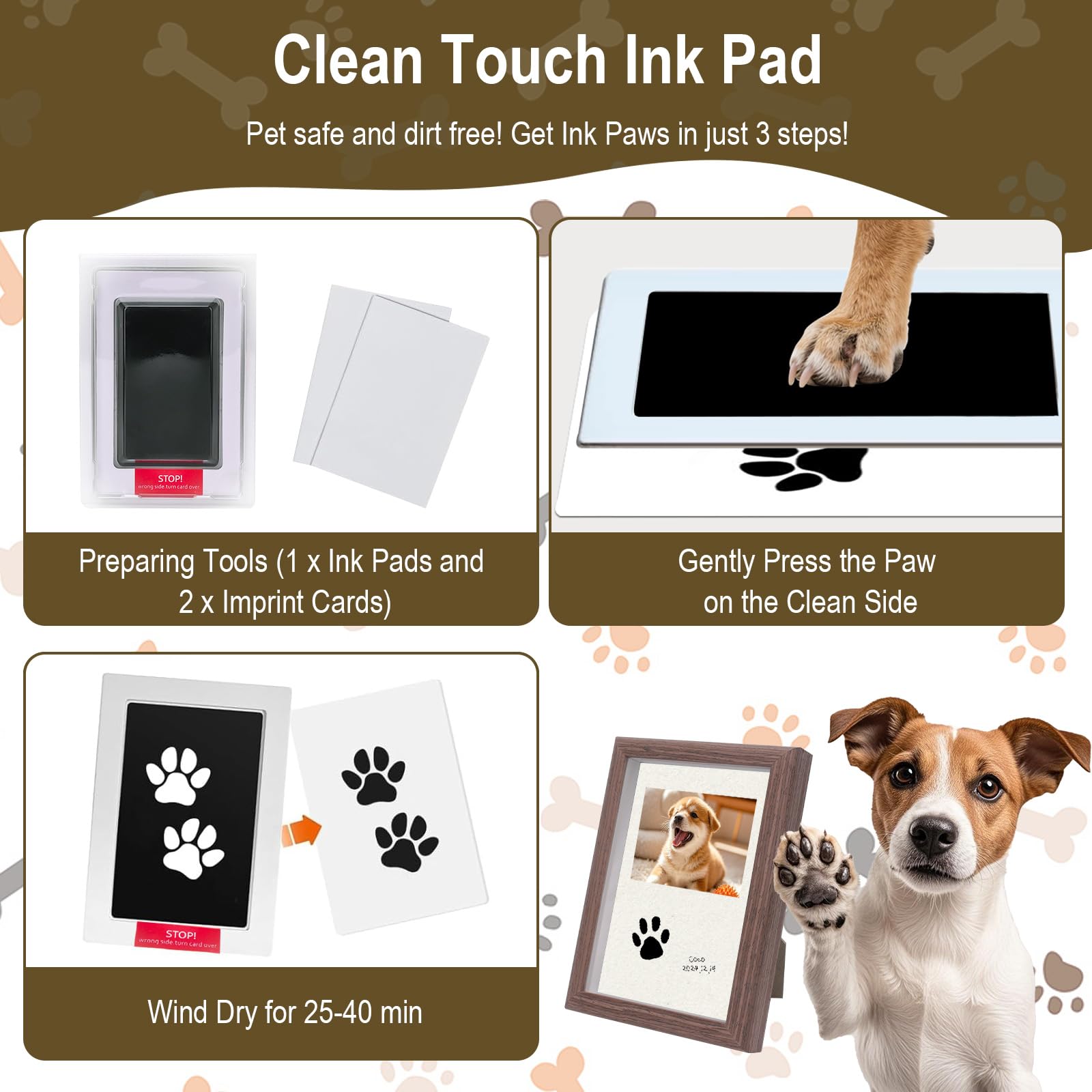 Mewzoo Dog Paw Print Kit,Personalized Pet Paw Print Impression Kit,Wood Cat Dog Memorial Picture Frame With No-Wash Ink Pad, Pen