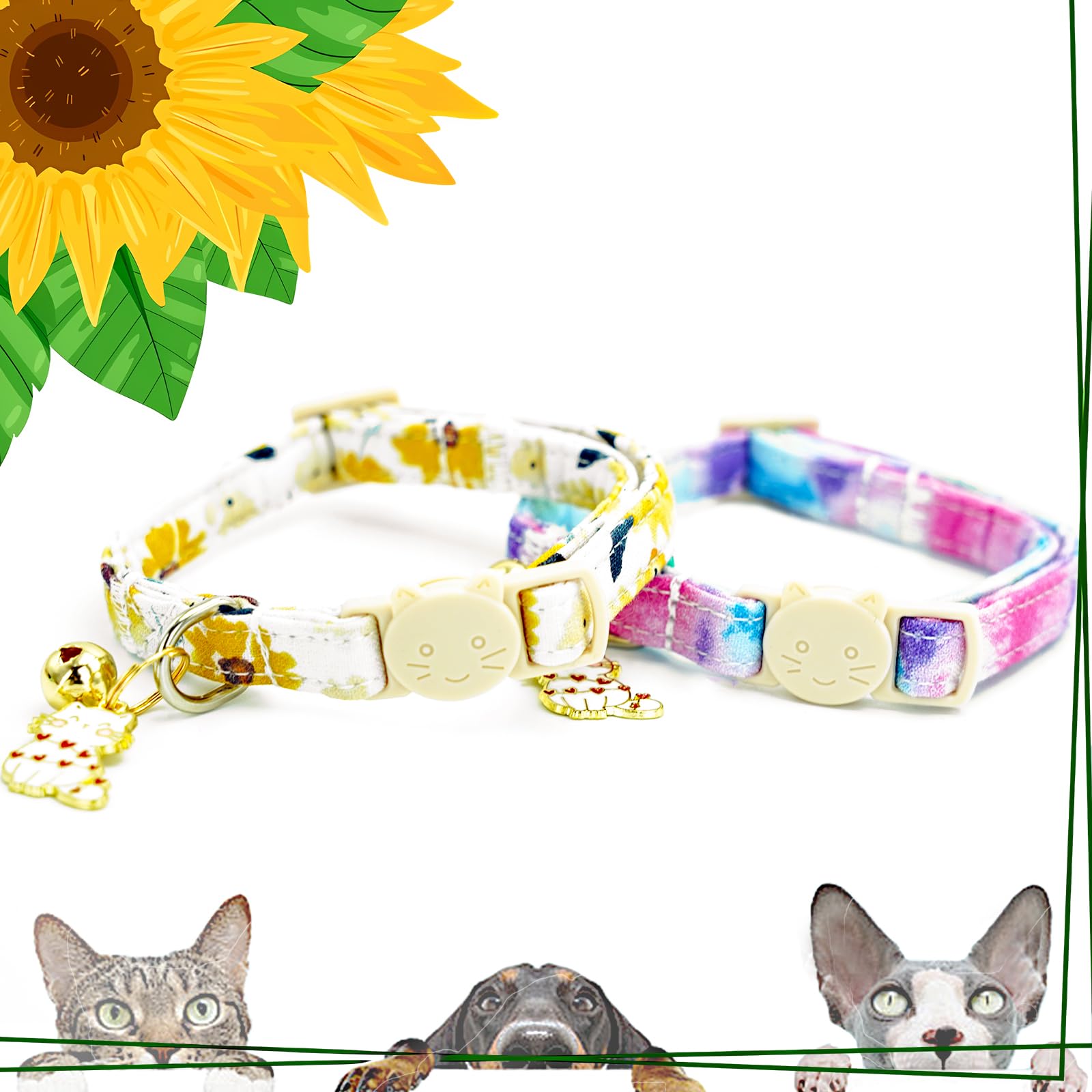 Elegant Little Tail 2 Pack Cat Collar- Sunflower Print Cotton Breakaway Cat Collars With Bell Pendant Kitten For Girl Safety Adj