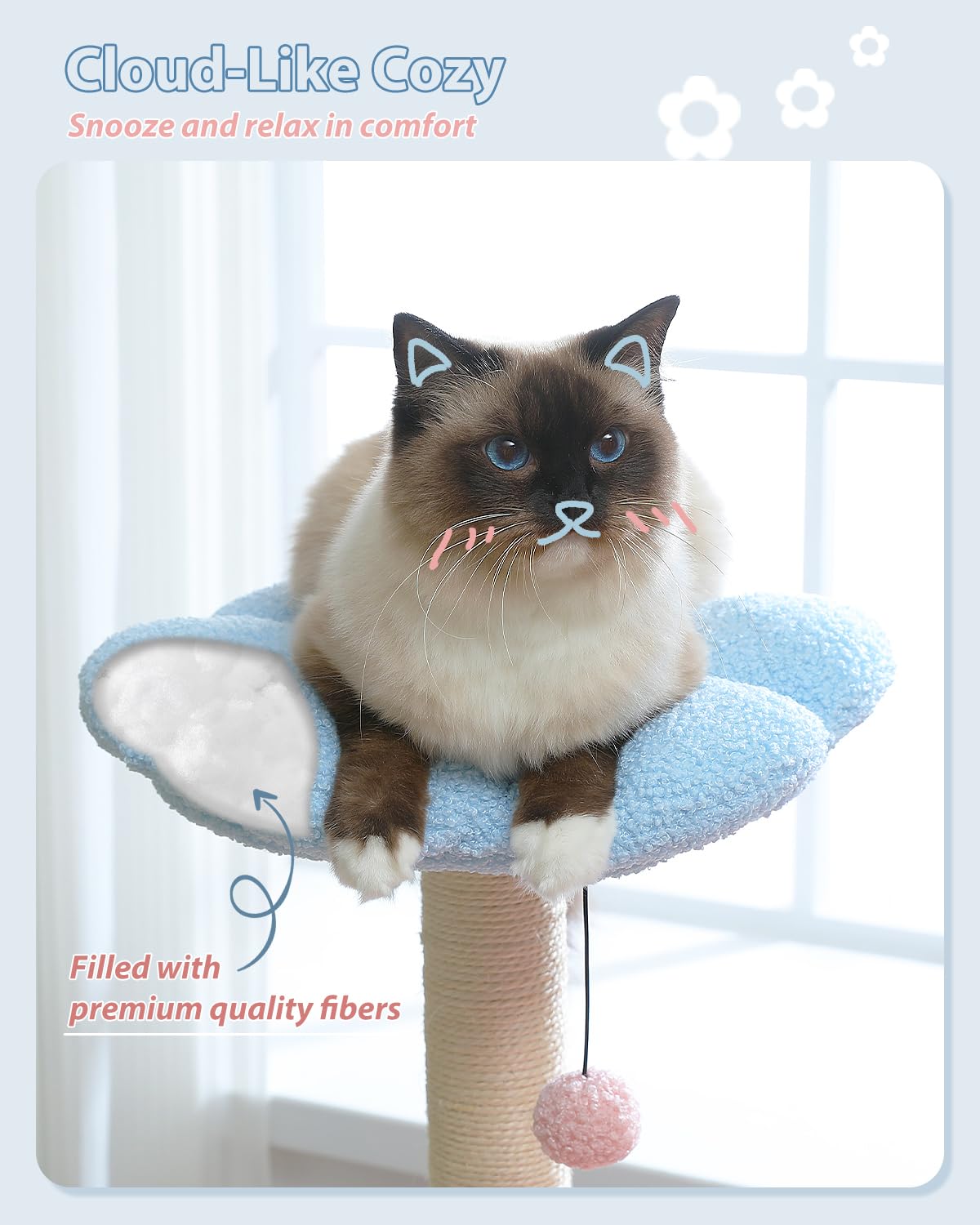Muttros Flower Cat Tree With Large Metal Frame Hammock, 35' Pink Cat Tower With Sisal Scratching Posts For Small Indoor Cats, Cat Condo With Blue Top Perch For Kittens, Fluffy Ball, Pink