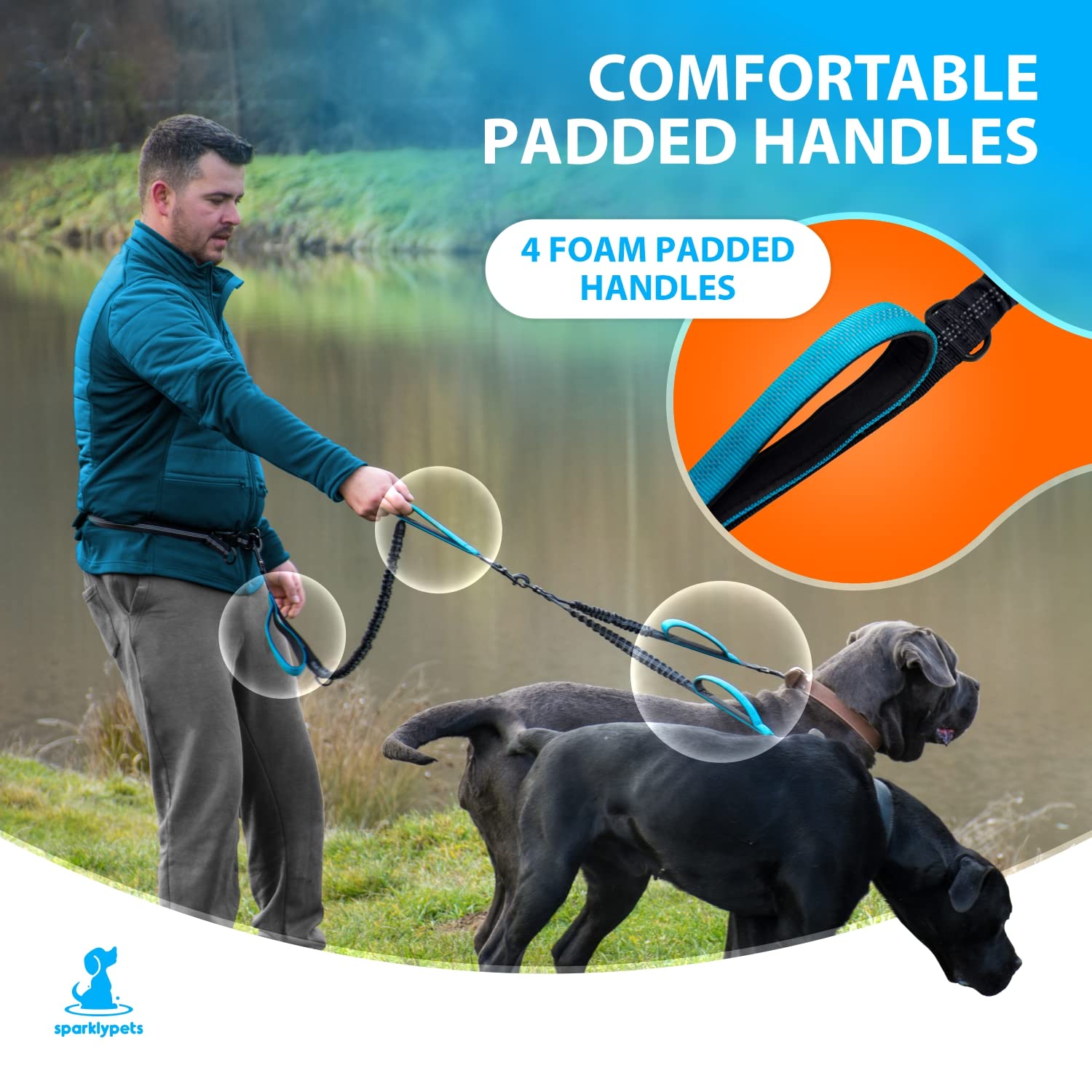 SparklyPets Hands Free Dual Dog Leash - Padded, Reflective, No Pull, Tangle Free for 2 Medium/Large Dogs, Blue