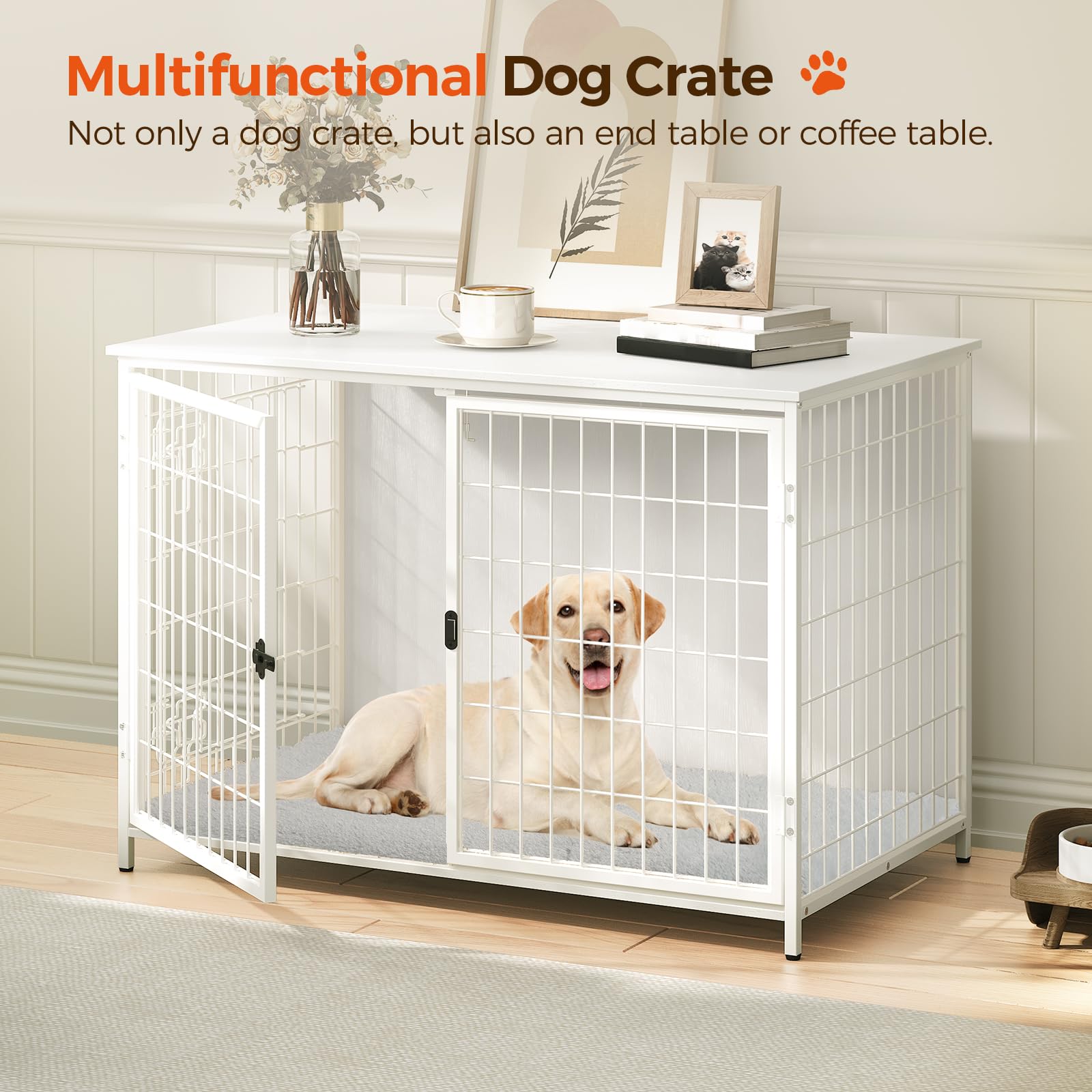 MAHANCRIS Dog Crate Furniture with Cushion, Wooden Dog Kennel with Double Doors, Heavy Duty Dog Cage for Small/Medium/Large Dogs