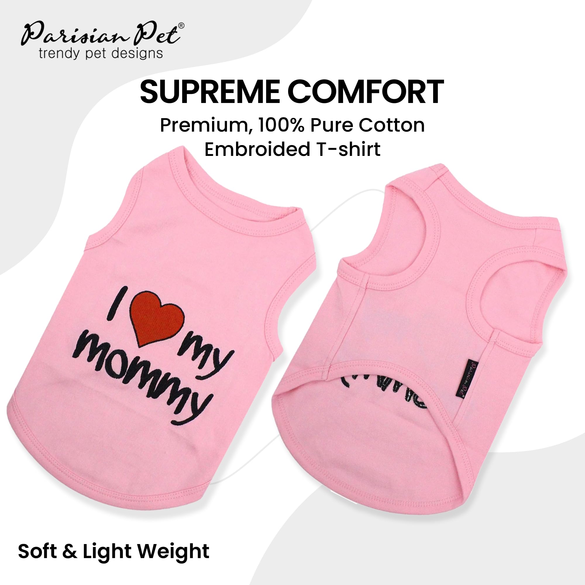 Parisian Pet Dog T-Shirt With Embroidered 'I Love My Mommy' Words - 100% Cotton, Pink Dog Clothes - Breathable Sleeveless Pet Vest - Machine Washable Dog Shirts For Small Dogs, S