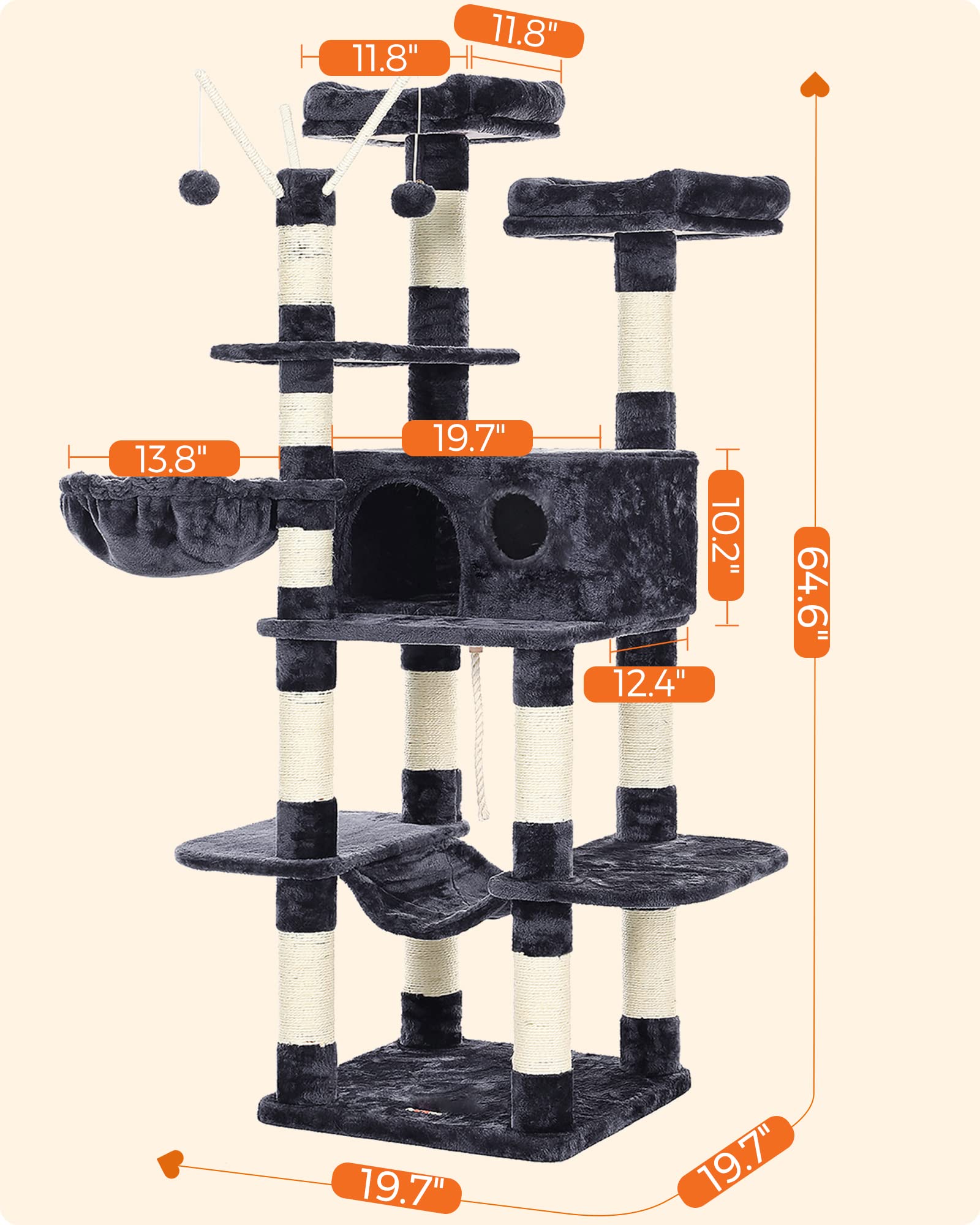 Feandrea Cat Tree, Large Cat Tower, 64.6 Inches, Cat Activity Center With Hammock, Basket, Removable Fur Ball Sticks, Cat Condo, Smoky Gray Upct087G01