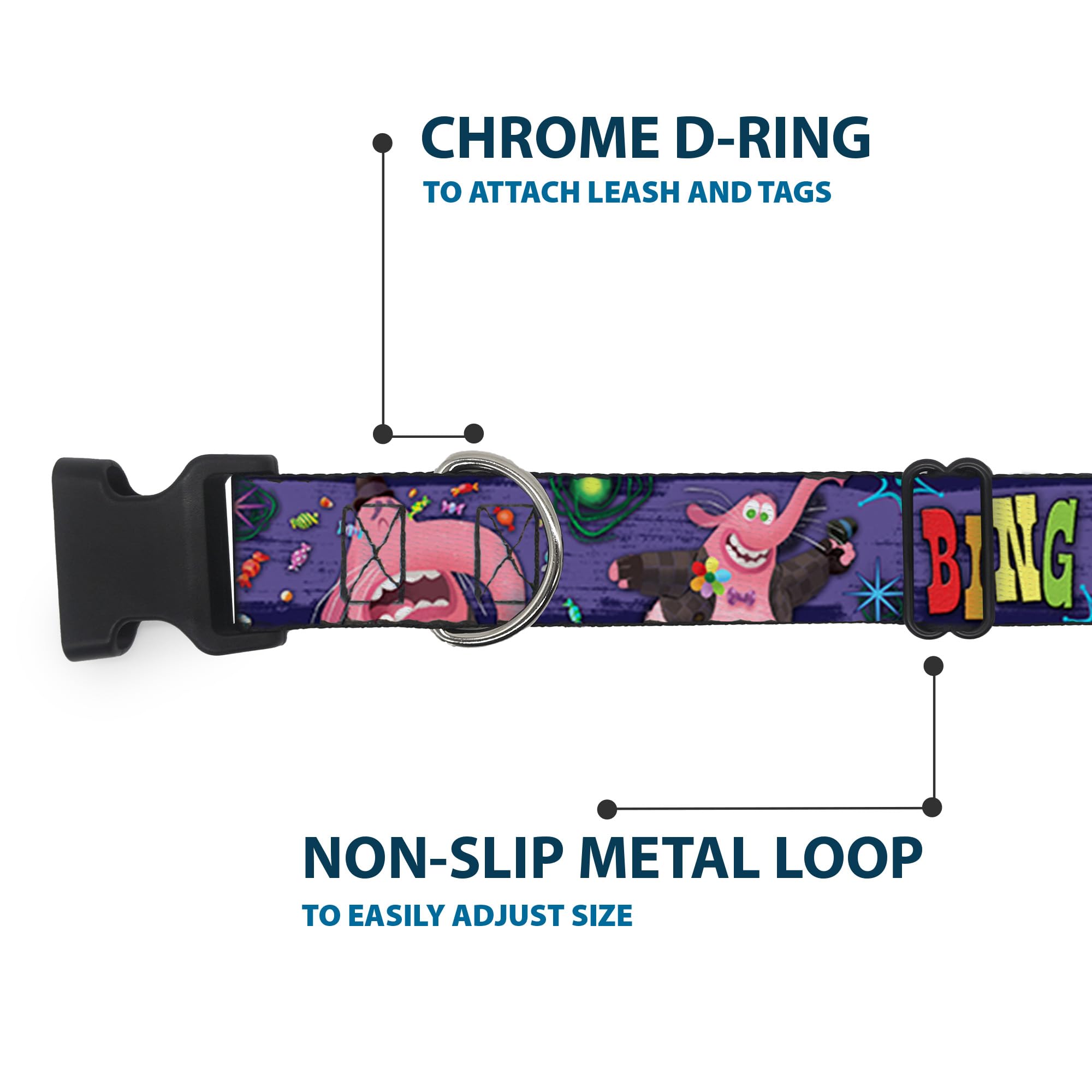 Buckle-Down Plastic Clip Collar - BING BONG Poses/Candy Purples/Multi Color - 1.5 Wide - Fits 13-18 Neck - Small