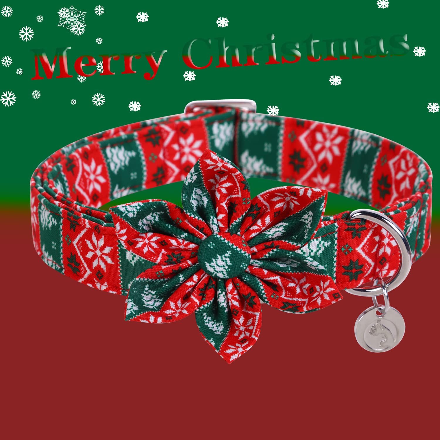 Dogwong Christmas Dog Collar With Flower, Red Green Strip Snowflake Dog Collar Soft Durable Adjustable Cotton Puppy Collar For S
