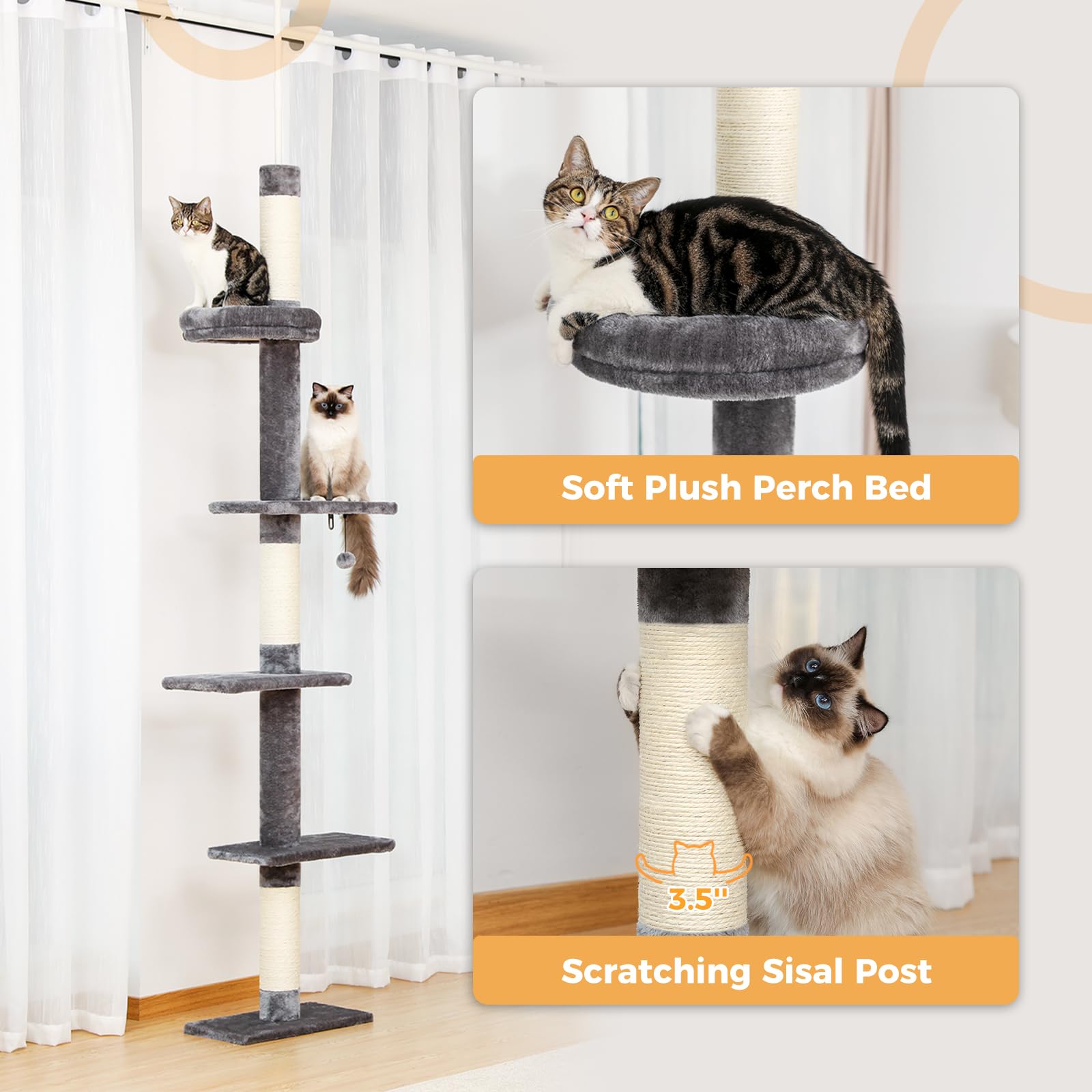 PETEPELA Cat Tower 5-Tier Adjustable Climbing Tree 95-107" Grey Engineered Wood with Scratching Post & Interactive Ball Toy