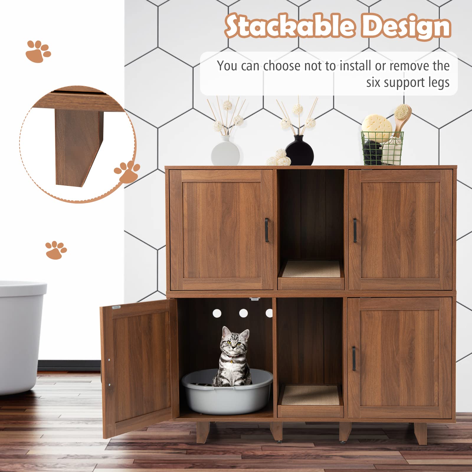 Petsite Cat Litter Box Enclosure Furniture For 2 Cats, Large Litter Box Cabinet With Scratching Board, And Adjustable Foot Pads, Indoor Cat House Tv Stand Side Table, Double Hidden Litter Box
