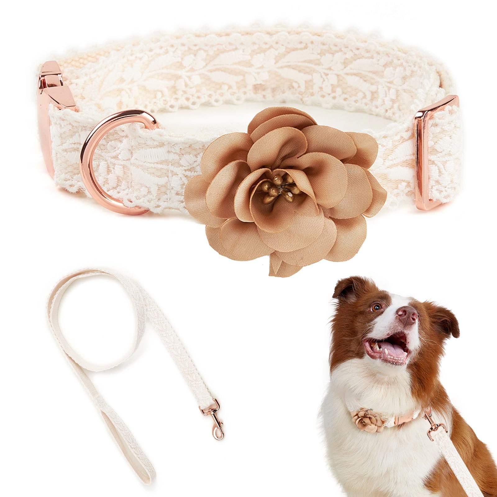Hqrea Small Dog Collar And Leash Set Cotton Lace Handmade Embroidered Puppy Cat Pet Collar With Bow Flowers For Wedding Birthday