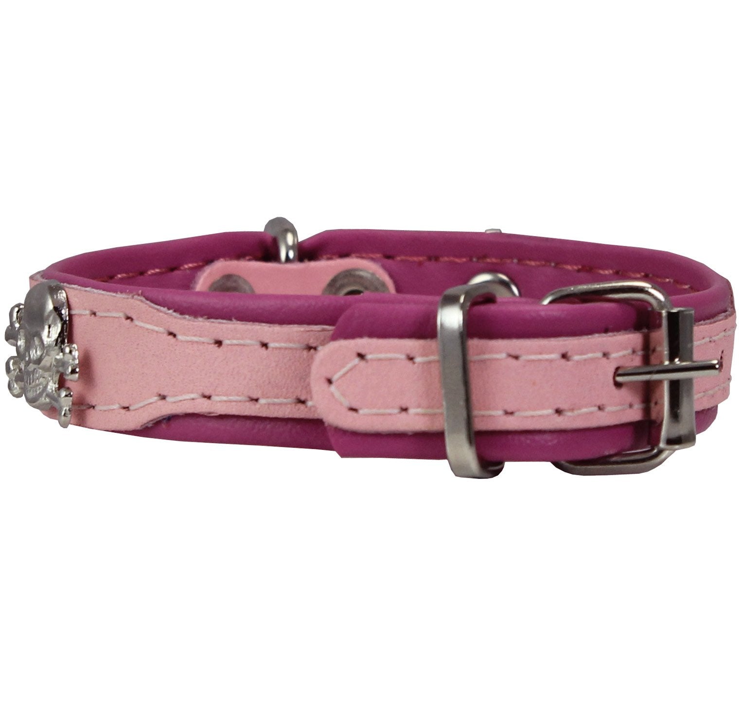 Real Leather Skull Studded Padded Dog Collar (6'-7.5' Neck; 1/2' Wide, Pink/Baby-Pink)