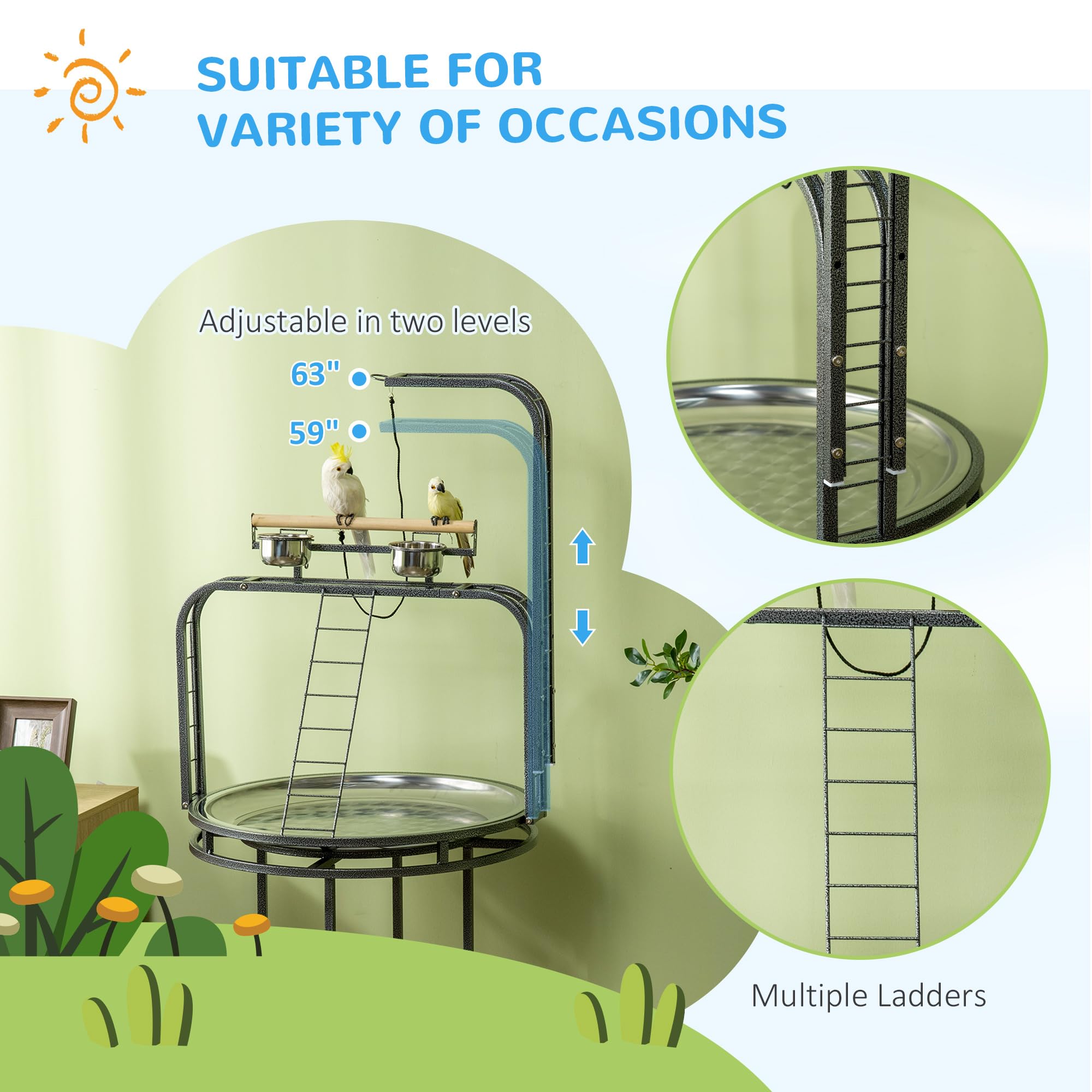PawHut Large Parrot Stand - Wooden Bird Perch with Toy Hook & 3 Ladders, Dark Grey, Easy Grip, Stainless Steel