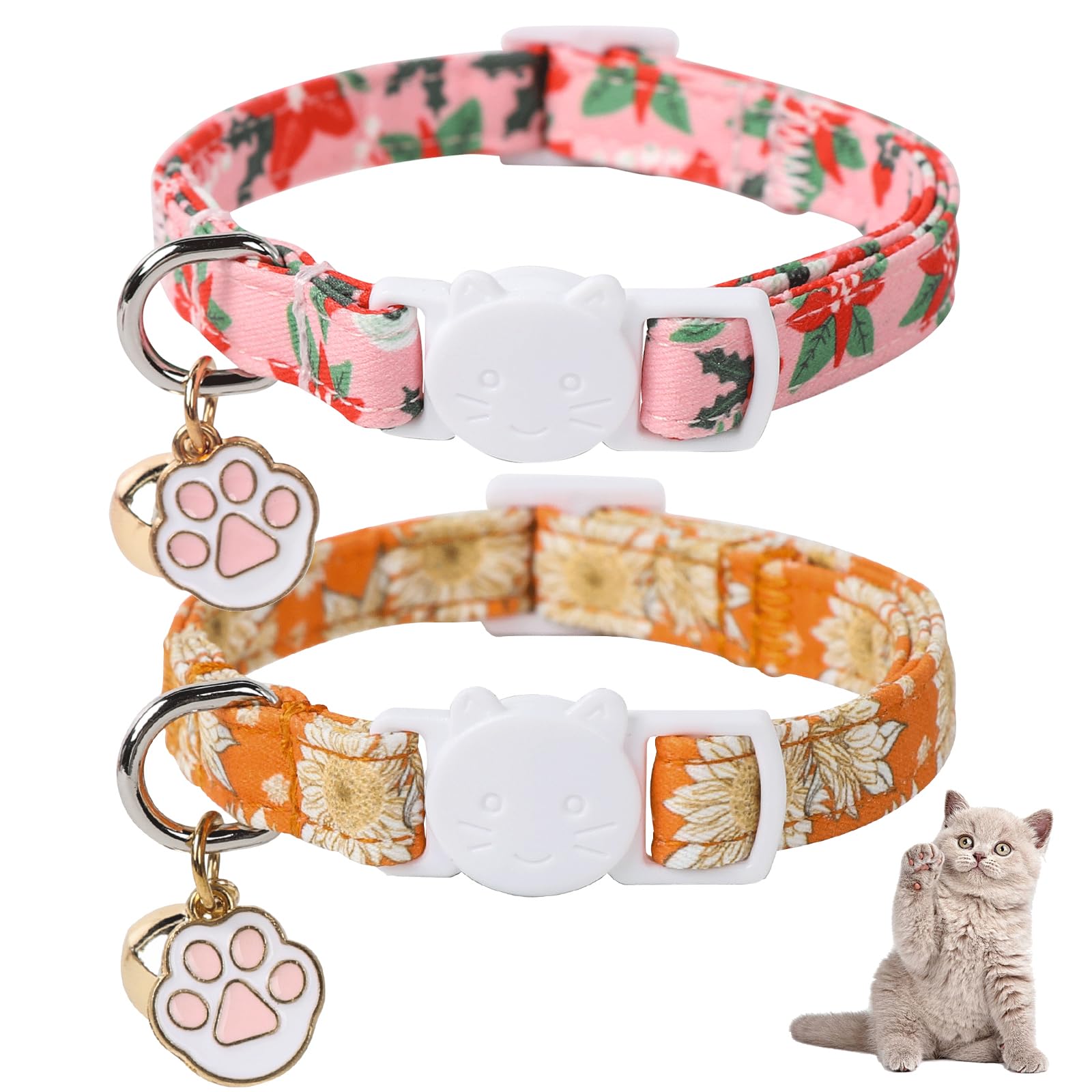 Unique Style Paws Christmas Kitten Collar,2 Pack Cat Collar For Girl Cats With Flower Pattern,Breakaway Cat Collar With Bell,Cut