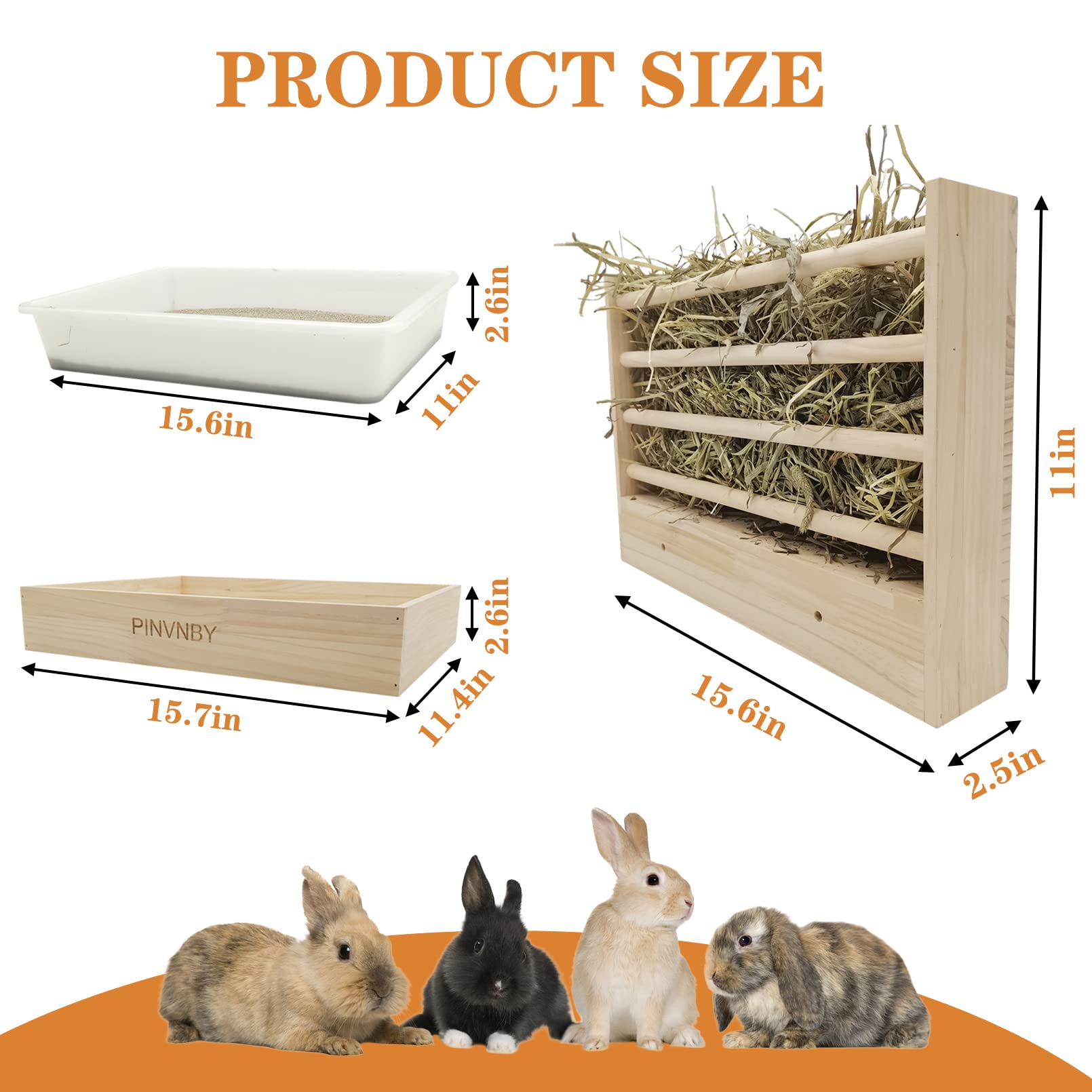 PINVNBY Bunny Hay Rack with Plastic Litter Box, Rabbit Grass Manger Holder, Guinea Pig Wooden Feeder and Toilet Set, Practical R