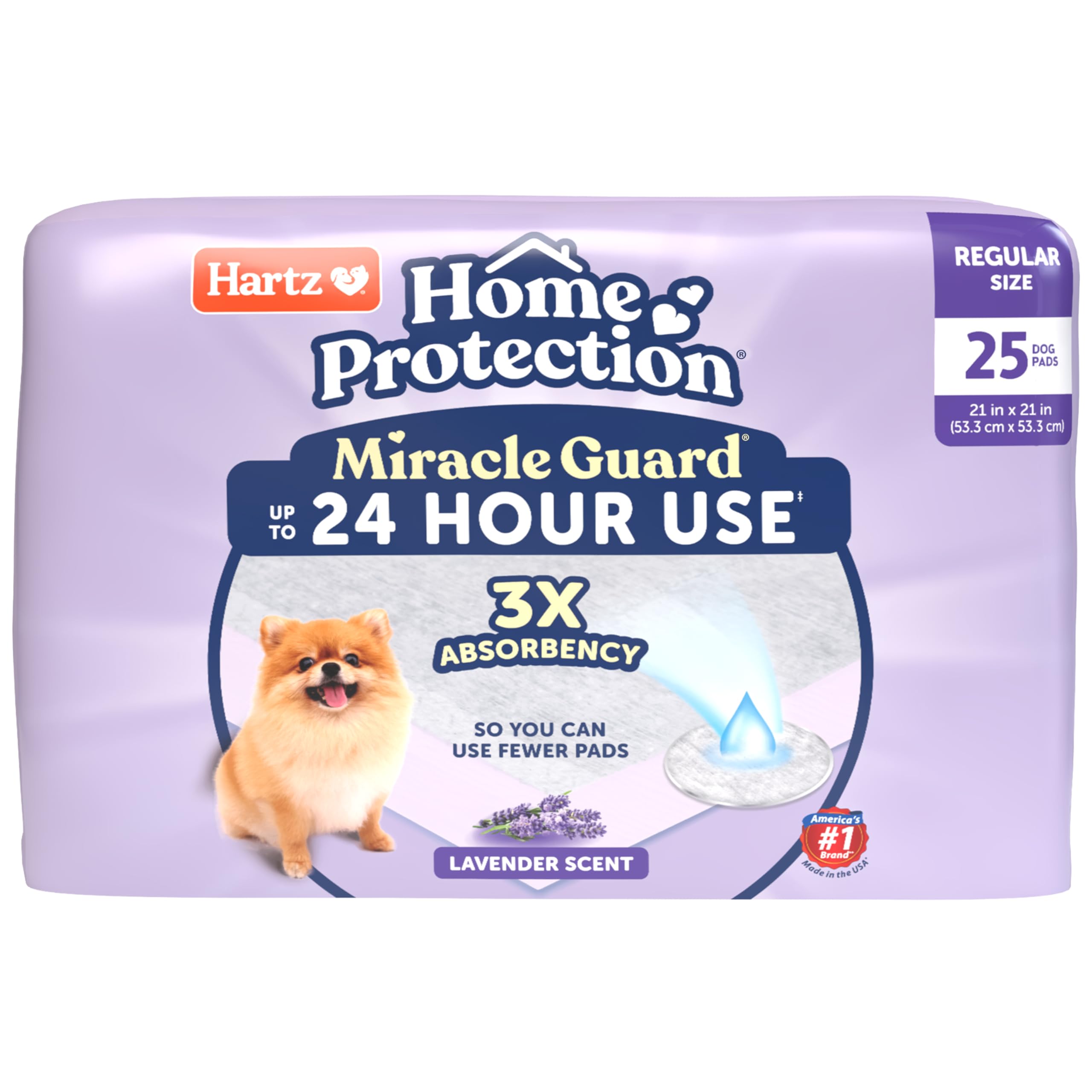 New! Hartz Home Protection Miracle Guard Lavender Scented Dog Pads, Regular Size 25 Count, 24 Hour Use, Wont Leak and Odor Elim