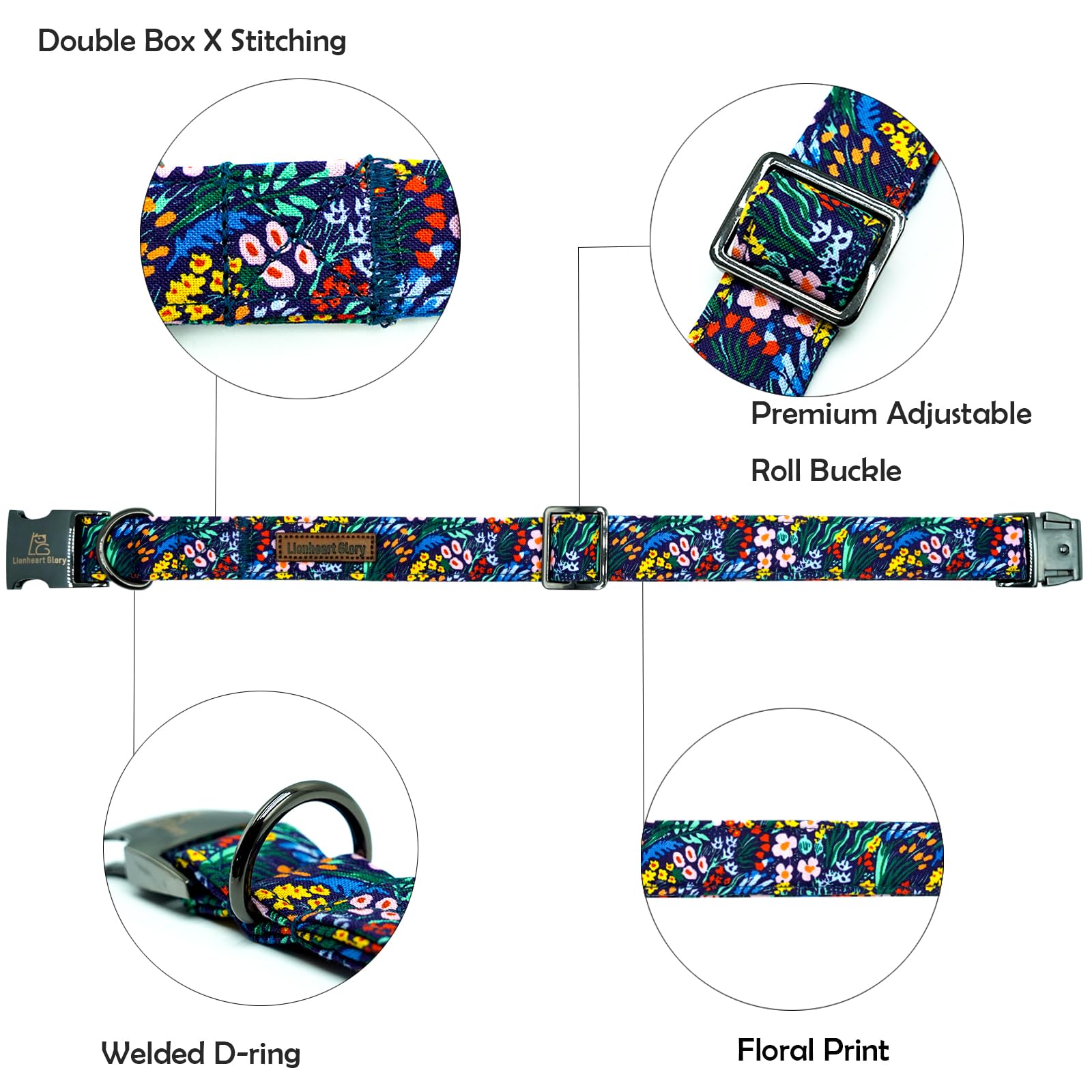 Lionheart Glory Dog Collar Darkblue Flower Print Dog Collars Floral Pet Collar Male Or Female Spring Fall Pet Gift Durable Adjus