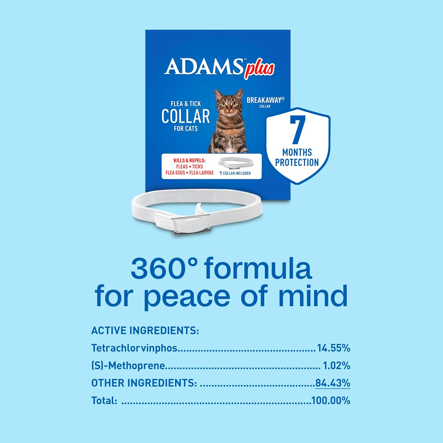 Adams Plus Flea & Tick Collar for Cats Water-Resistant Up to 7 Months Protection 2PCK