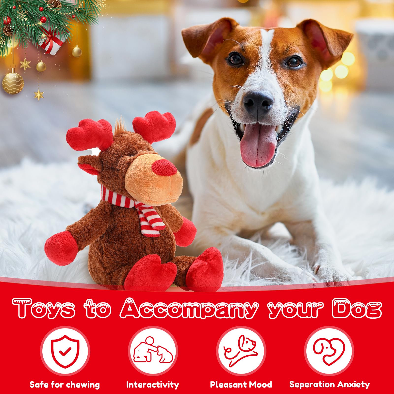Christmas Squeaky Toys With Crinkle Paper, Plush Reindeer Interactive Stuffed Chew Toys, Gifts For Puppy, Small, Medium, Large D